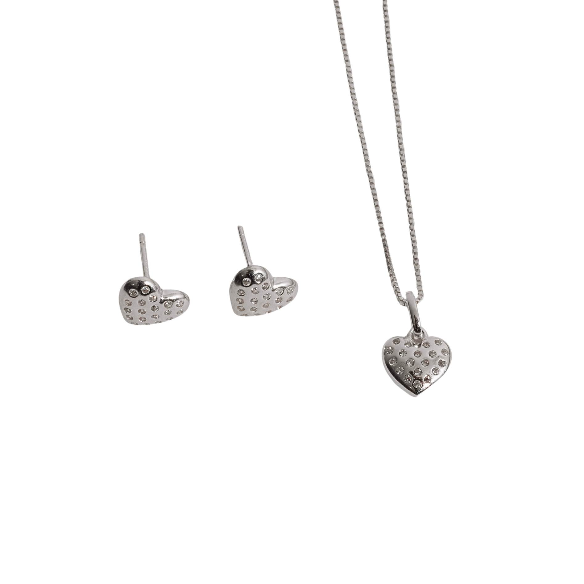 Conjunto brinco e colar coração com zircônias cristal 9mm 45cm