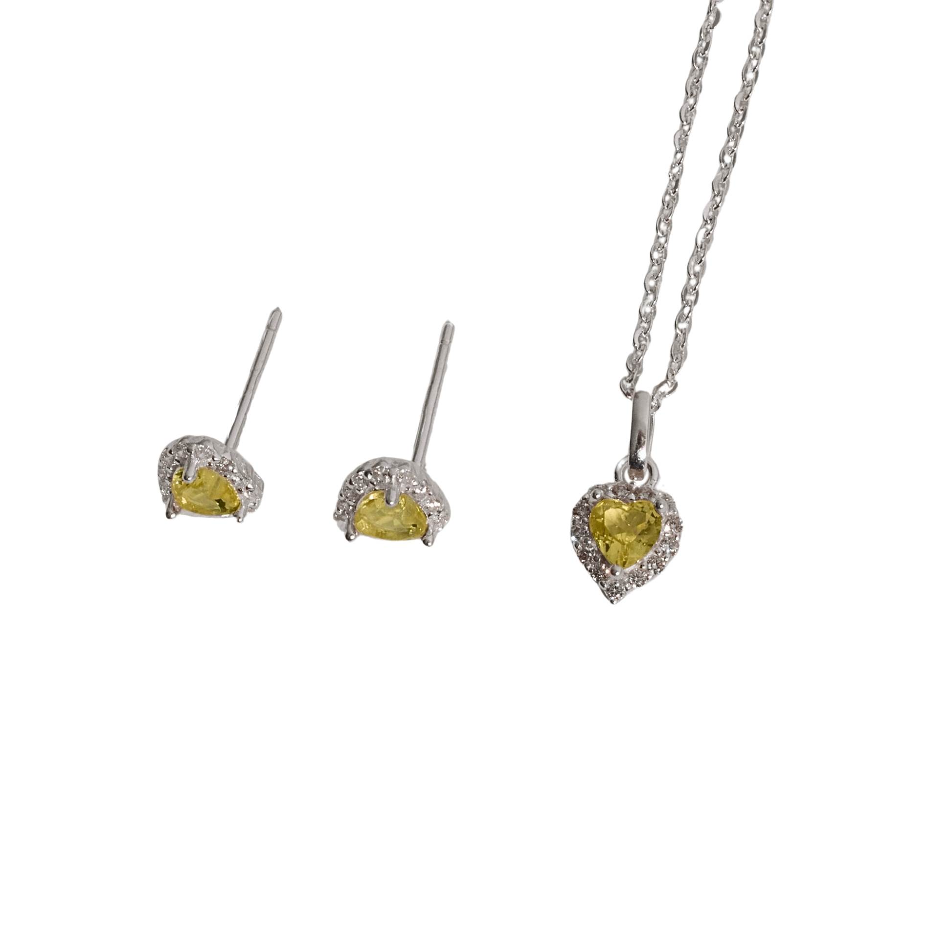 Conjunto brinco e colar zircônia coração amarela com cravejado 7mm corrente cadeadinho 40cm