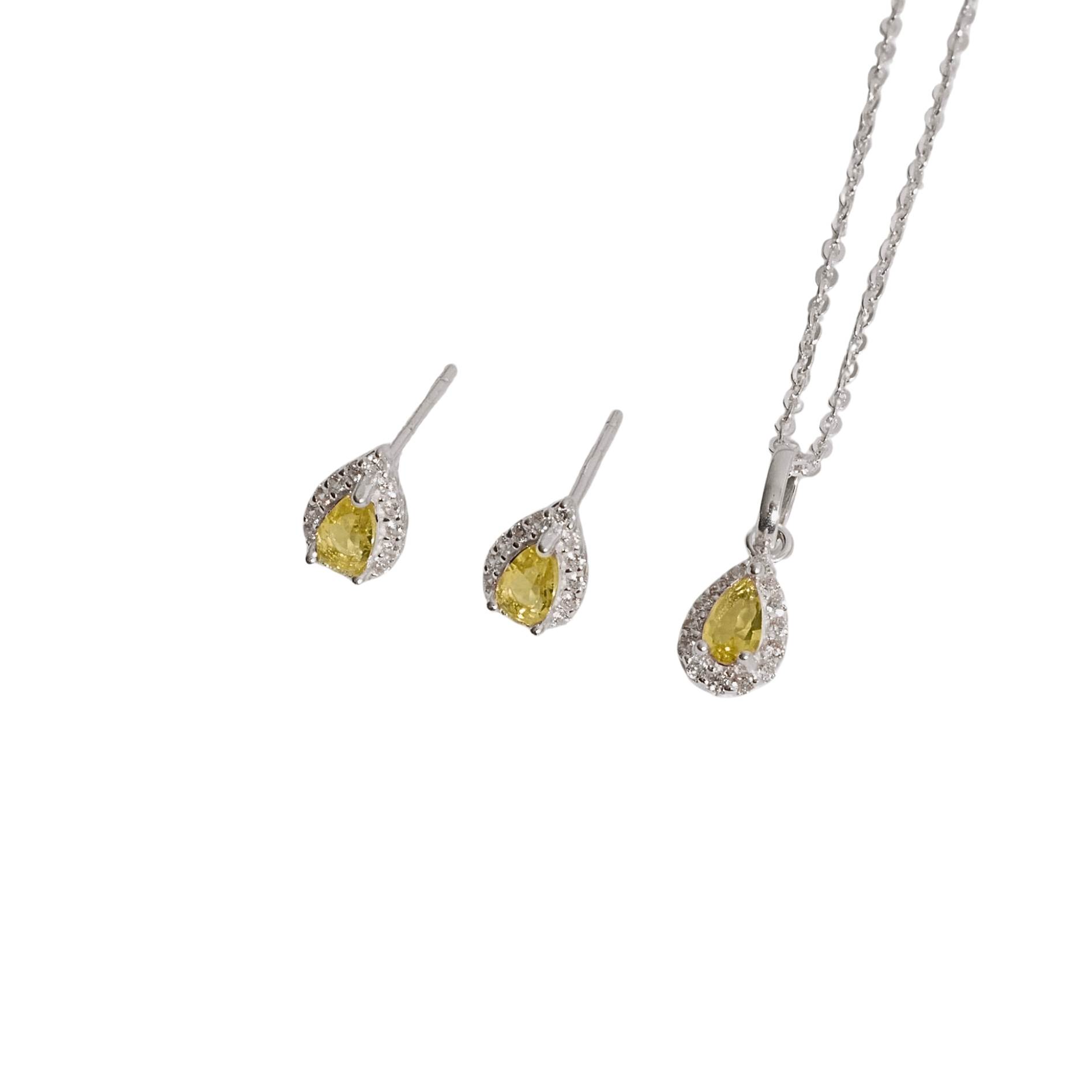 Conjunto brinco e colar zircônia gota amarela com cravejado 6mm corrente cadeadinho 40cm
