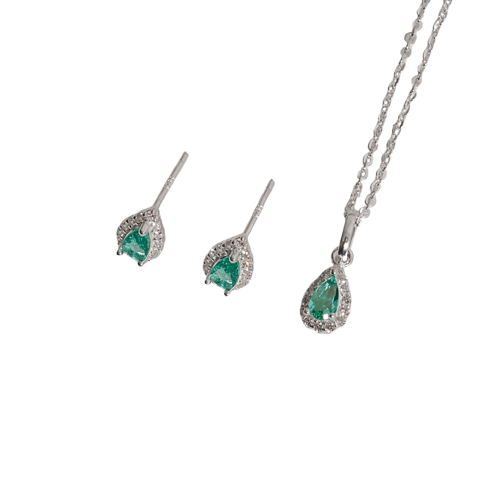 Conjunto brinco e colar zircônia gota turmalina com cravejado 6mm corrente cadeadinho 40cm