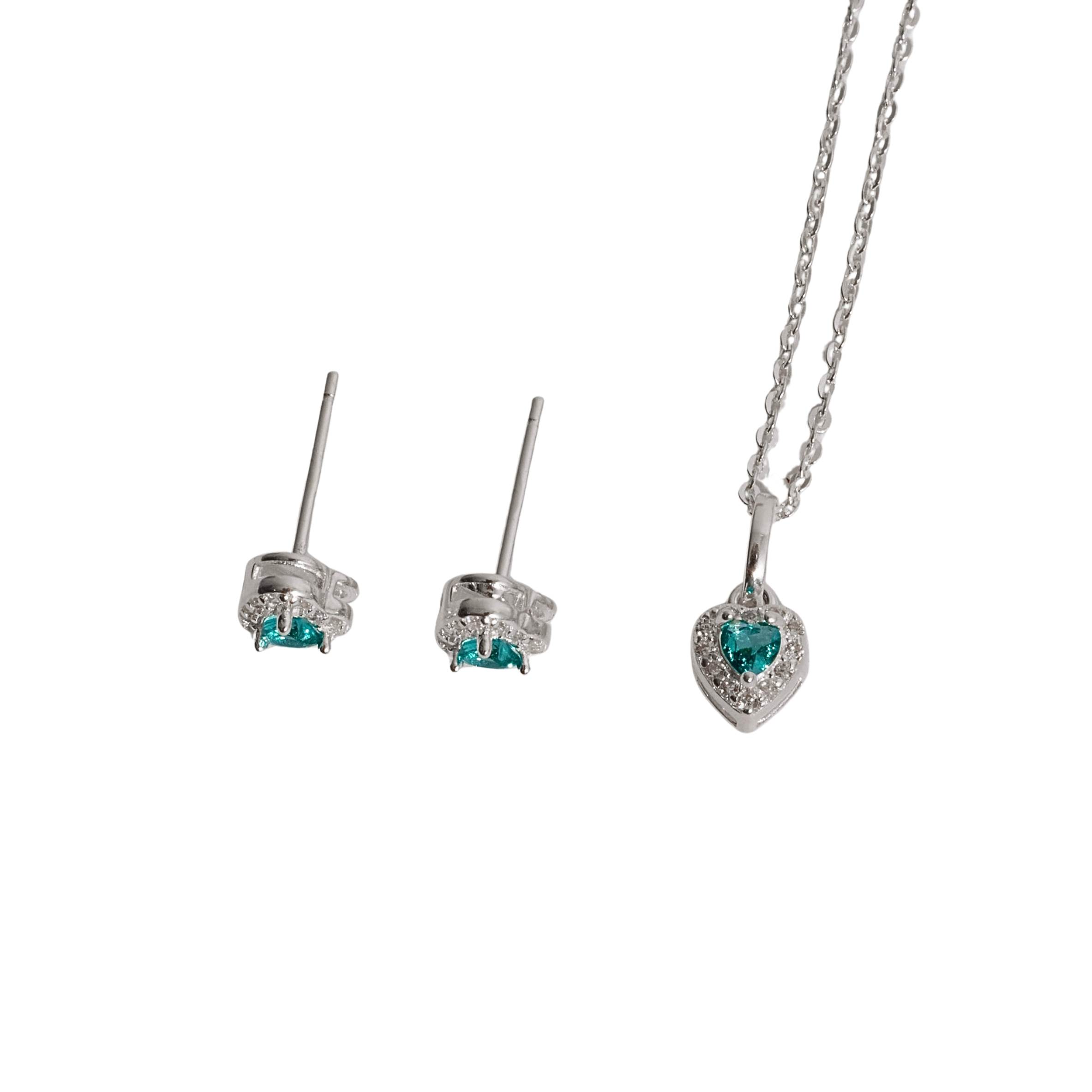 Conjunto brinco e colar zircônia coração turquesa com cravejado 6mm corrente cadeadinho 40cm