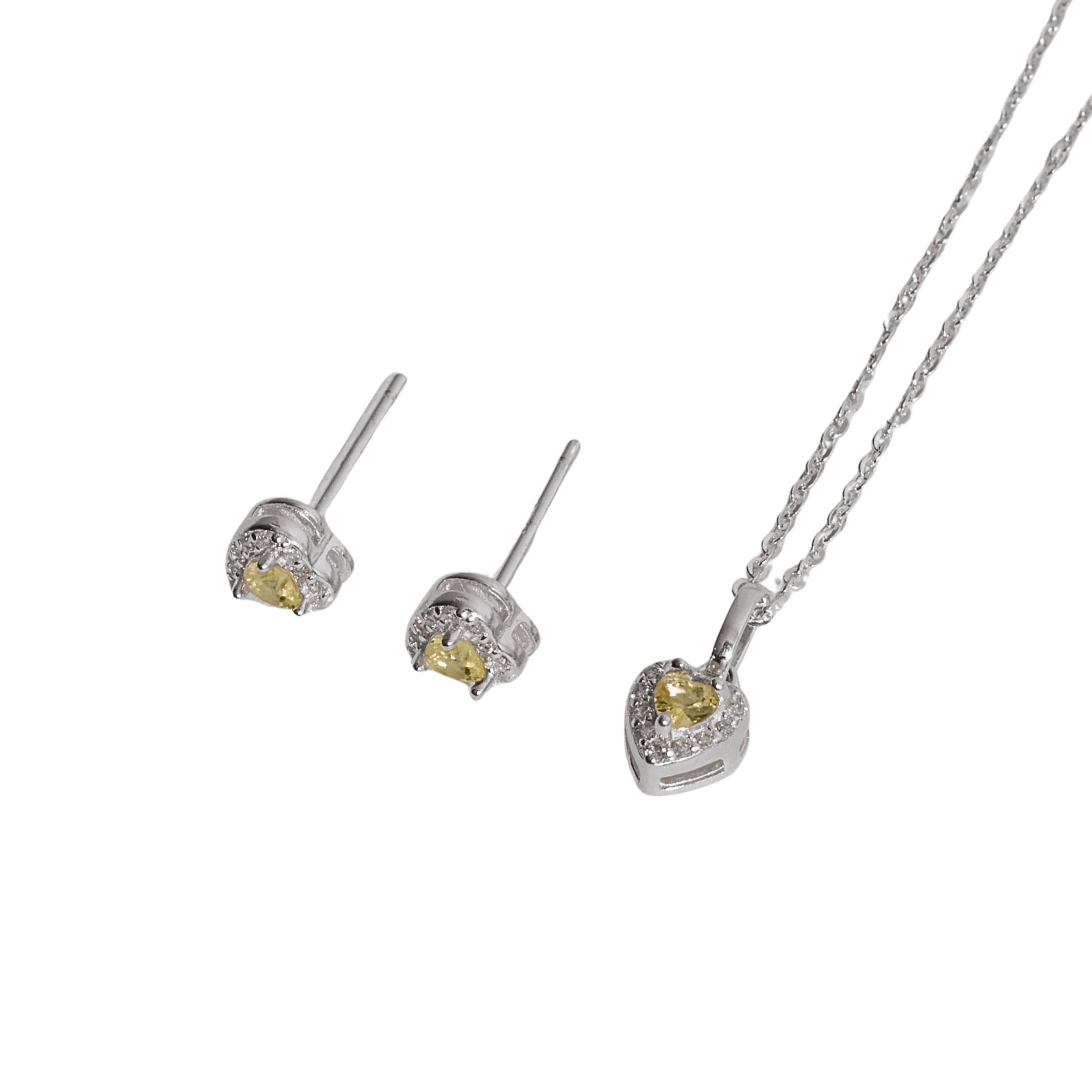 Conjunto brinco e colar zircônia coração amarela com cravejado 6mm corrente cadeadinho 40cm
