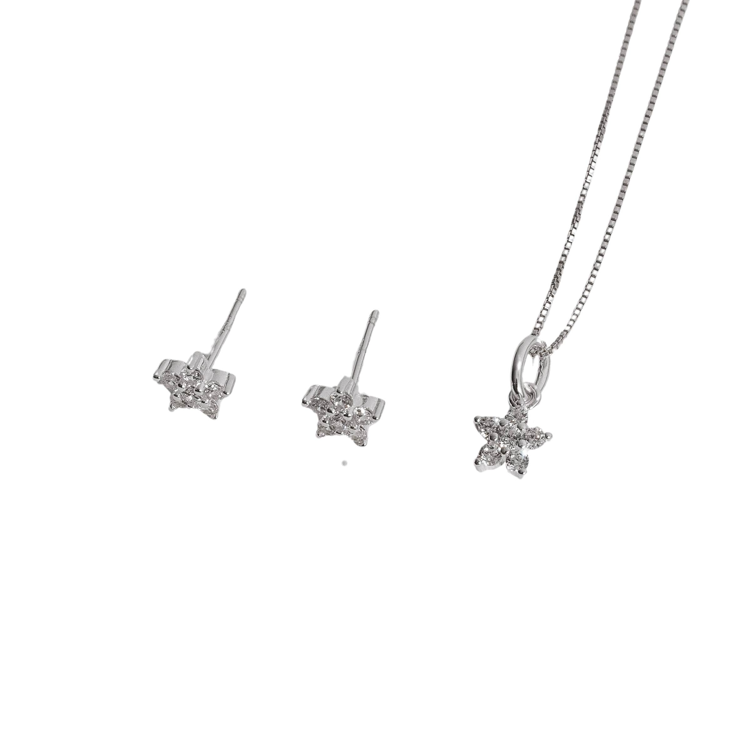 Conjunto brinco e colar flor com cravejado 7mm 40cm