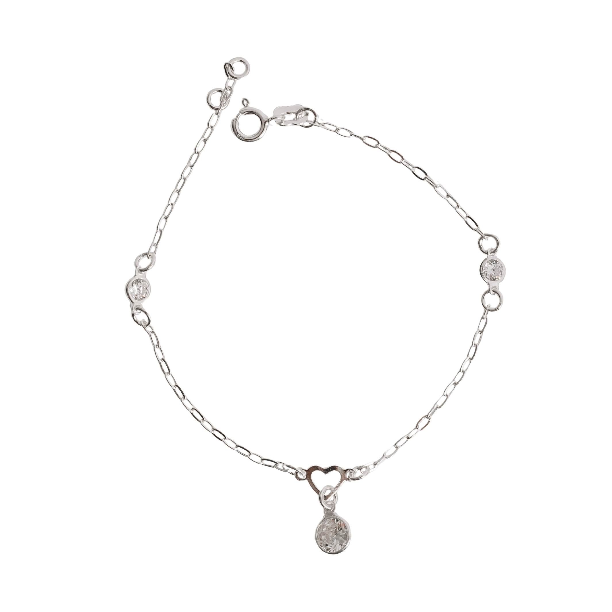 Pulseira entremeios coração vazado e zircônias com pingente zircônia 7mm 19cm