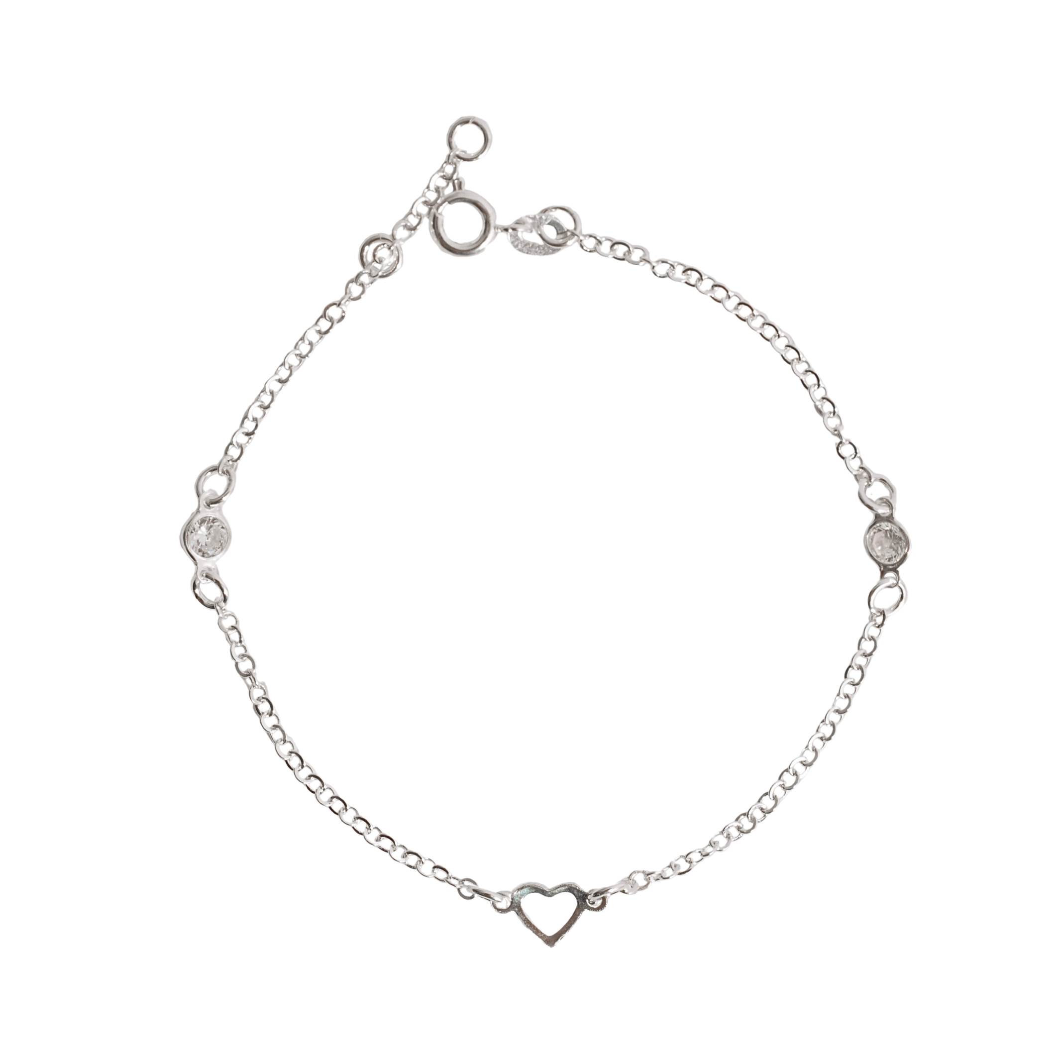 Pulseira entremeios zircônias 4mm e coração vazado 19cm