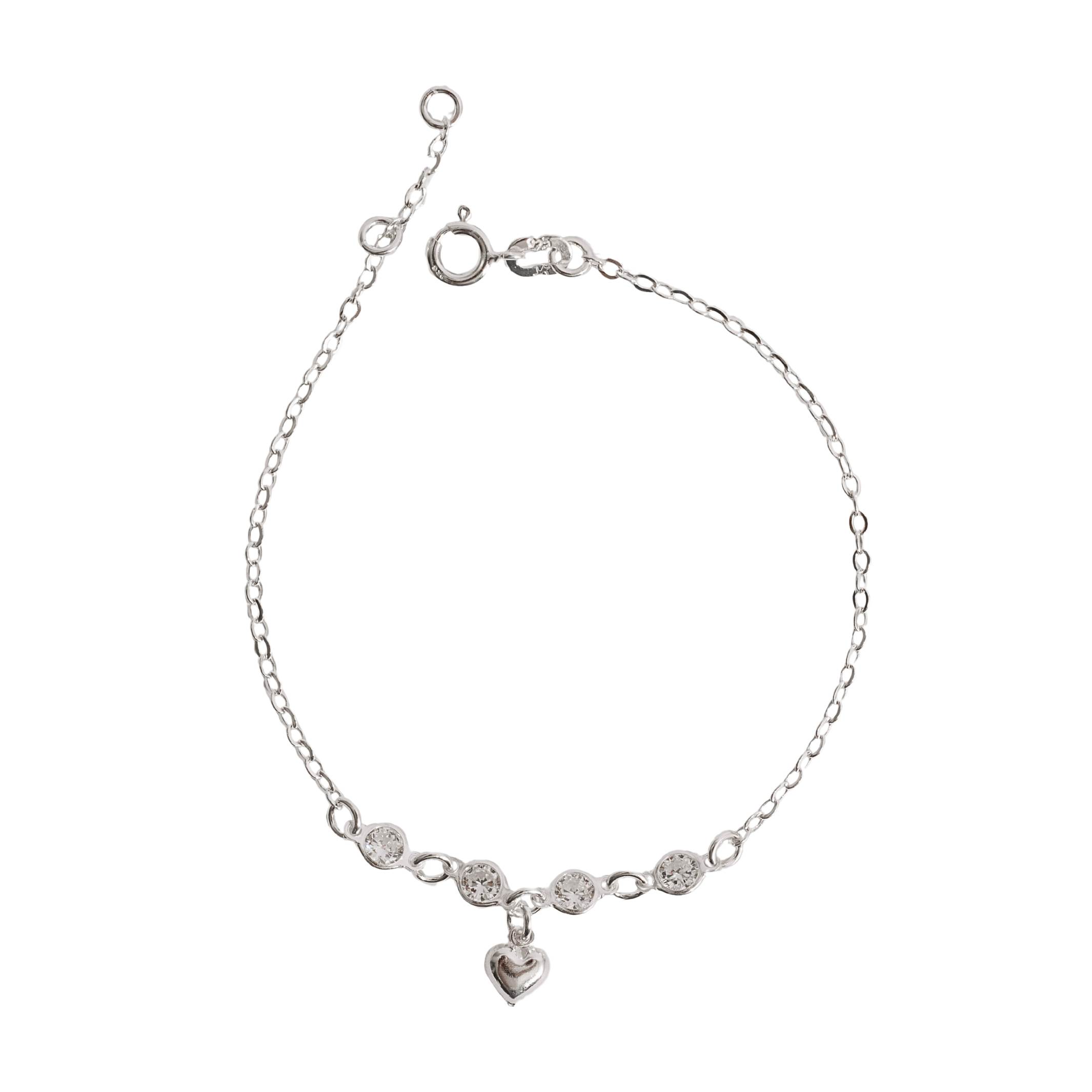 Pulseira entremeio zircônias 4mm pingente coração vazado 19cm