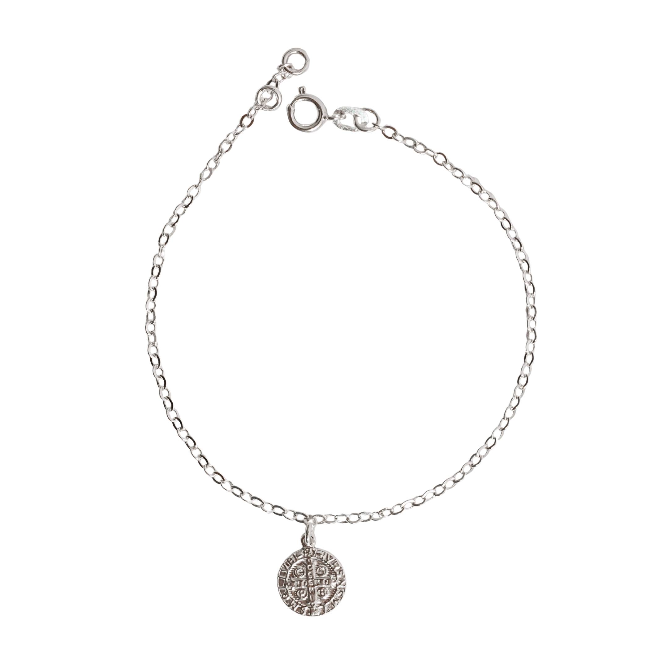 Pulseira pingente medalha São Bento 10mm corrente cadeadinho 18,5cm