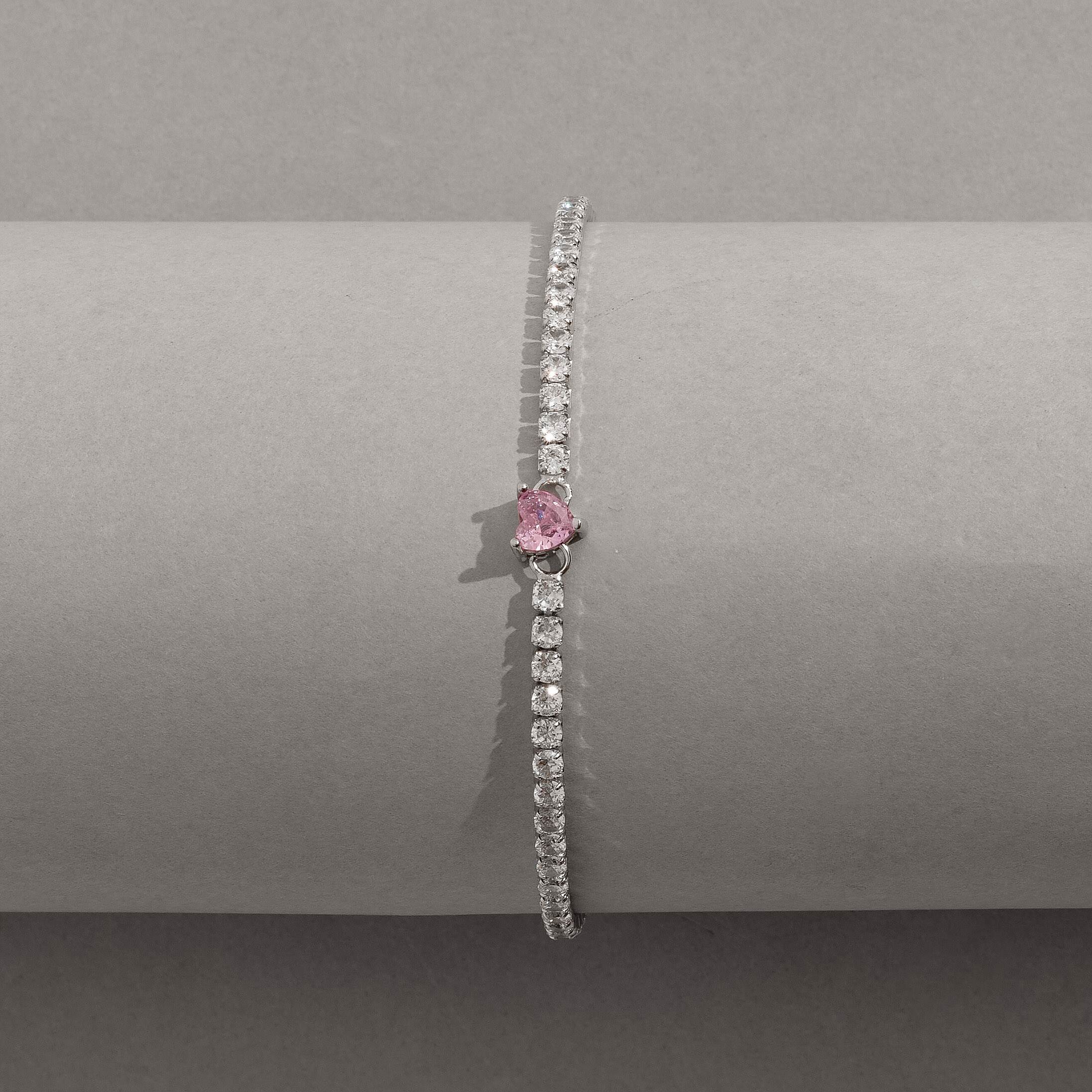 Pulseira Riviera 2.5 detalhe zircônia coração rosa 16,5cm com alongadora ródio