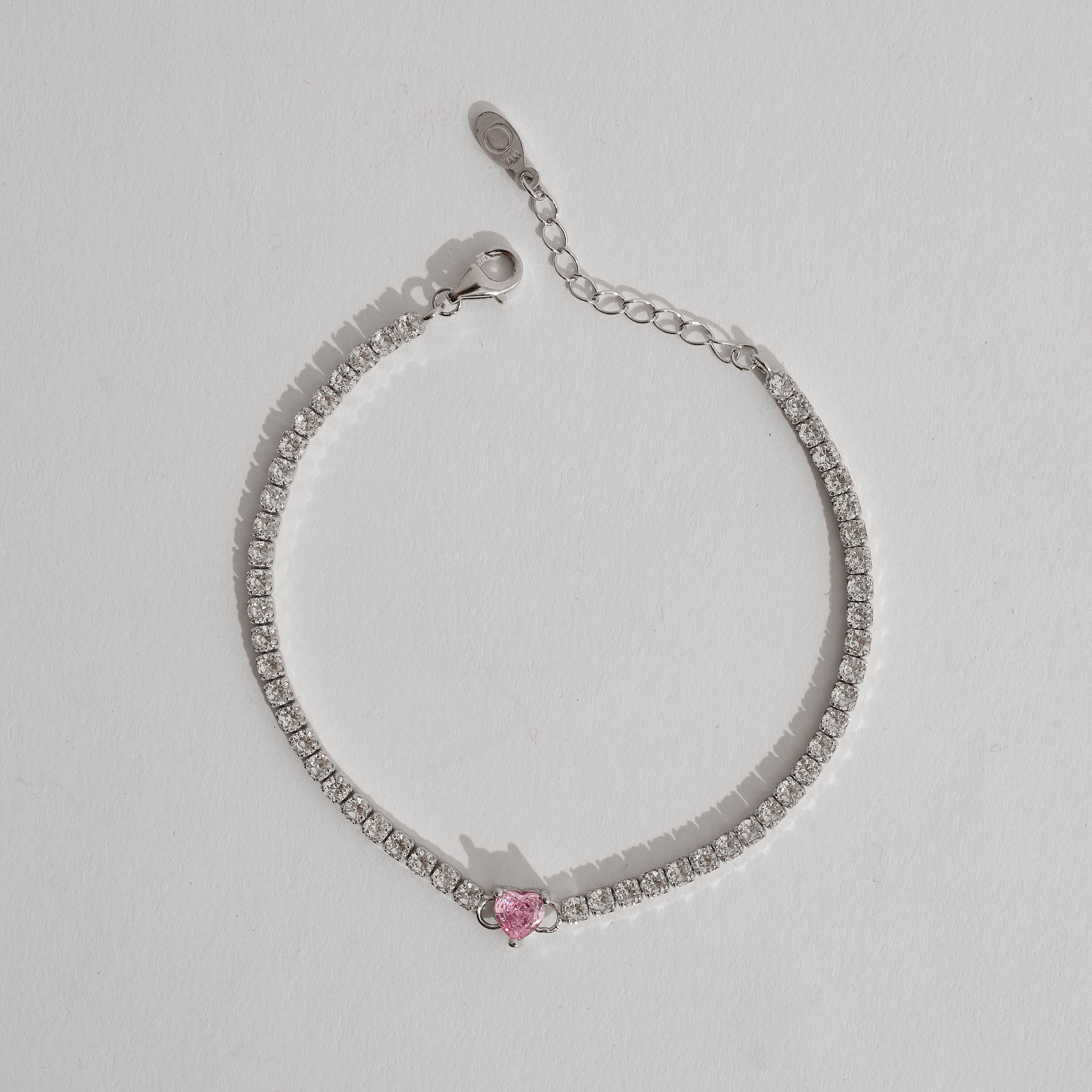 Imagem Pulseira Riviera 2.5 detalhe zircônia coração rosa 16,5cm com alongadora ródio