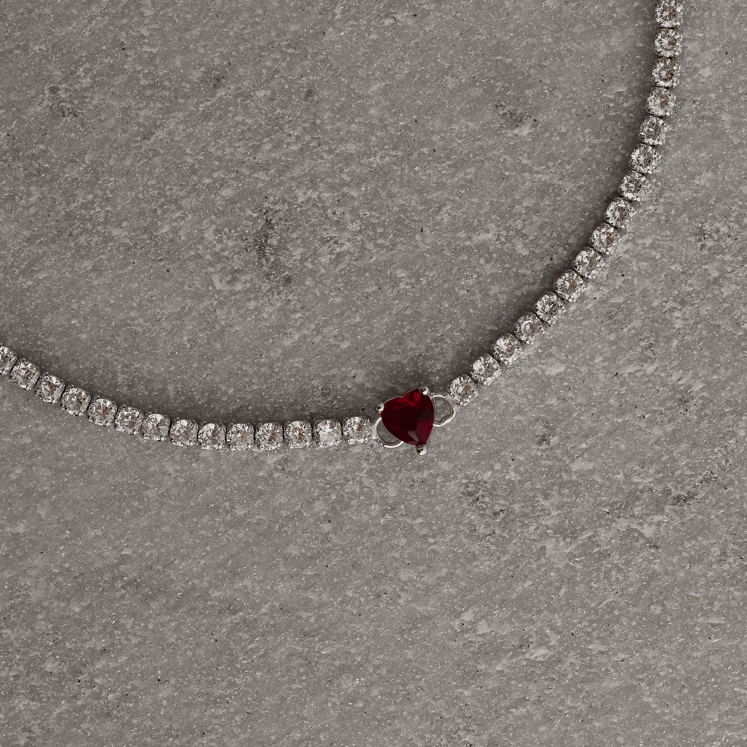 Pulseira Riviera 2.5 detalhe zircônia coração vermelho 16,5cm com alongadora ródio