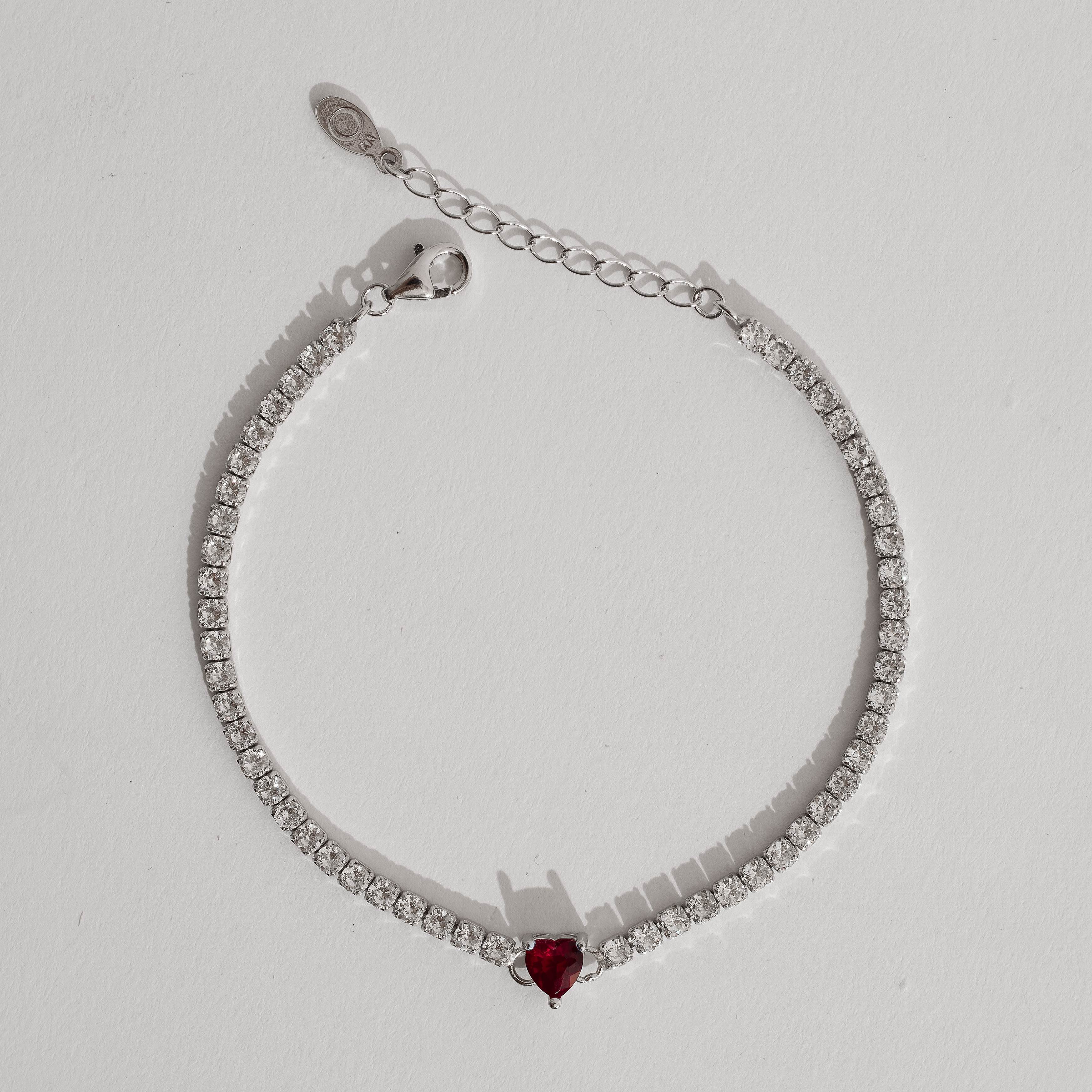 Imagem Pulseira Riviera 2.5 detalhe zircônia coração vermelho 16,5cm com alongadora ródio