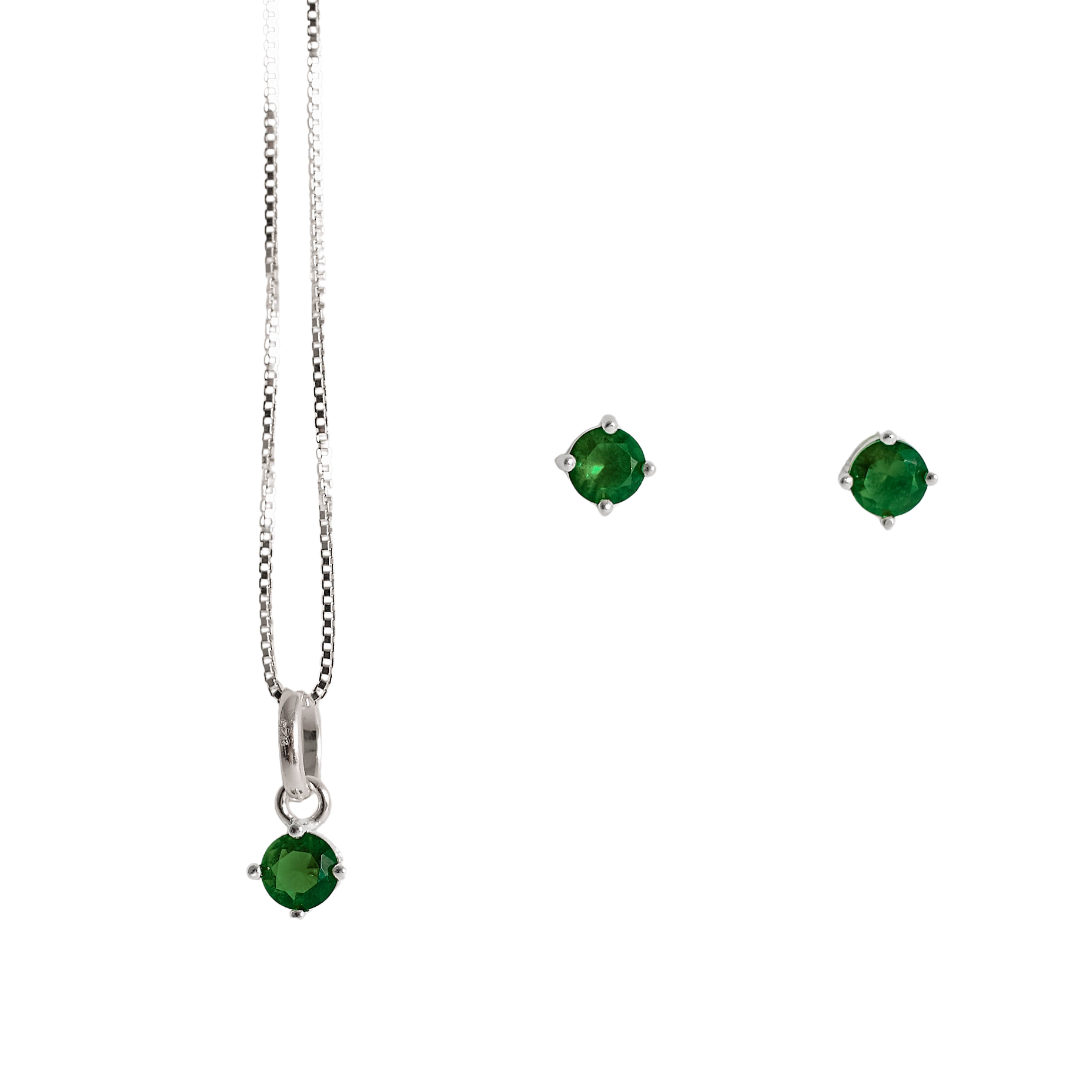 Conjunto brinco e colar zircônia redonda esmeralda 4mm 40cm