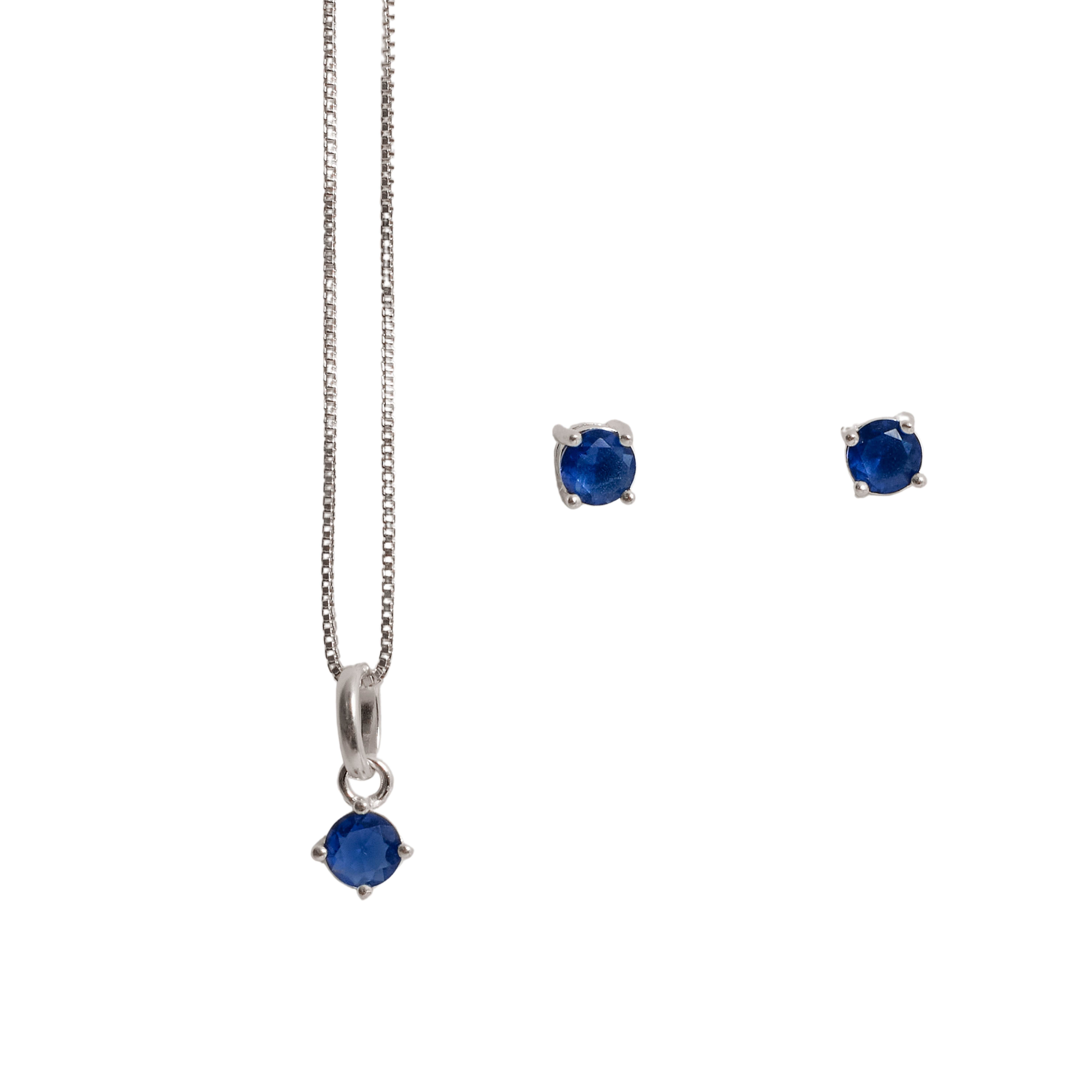 Conjunto brinco e colar zircônia redonda azul 4mm 40cm