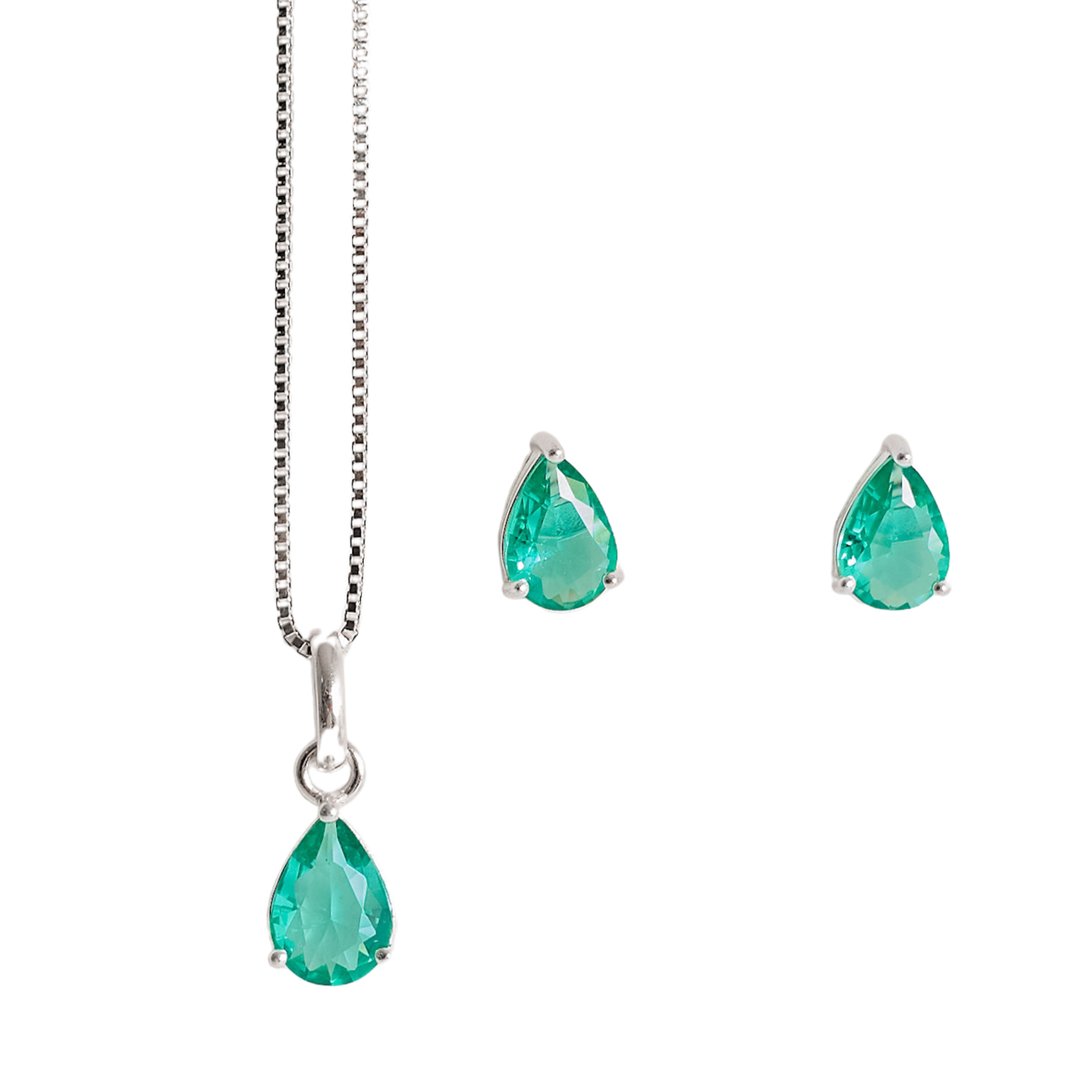 Conjunto brinco e colar zircônia gota turmalina 7x5mm 45cm