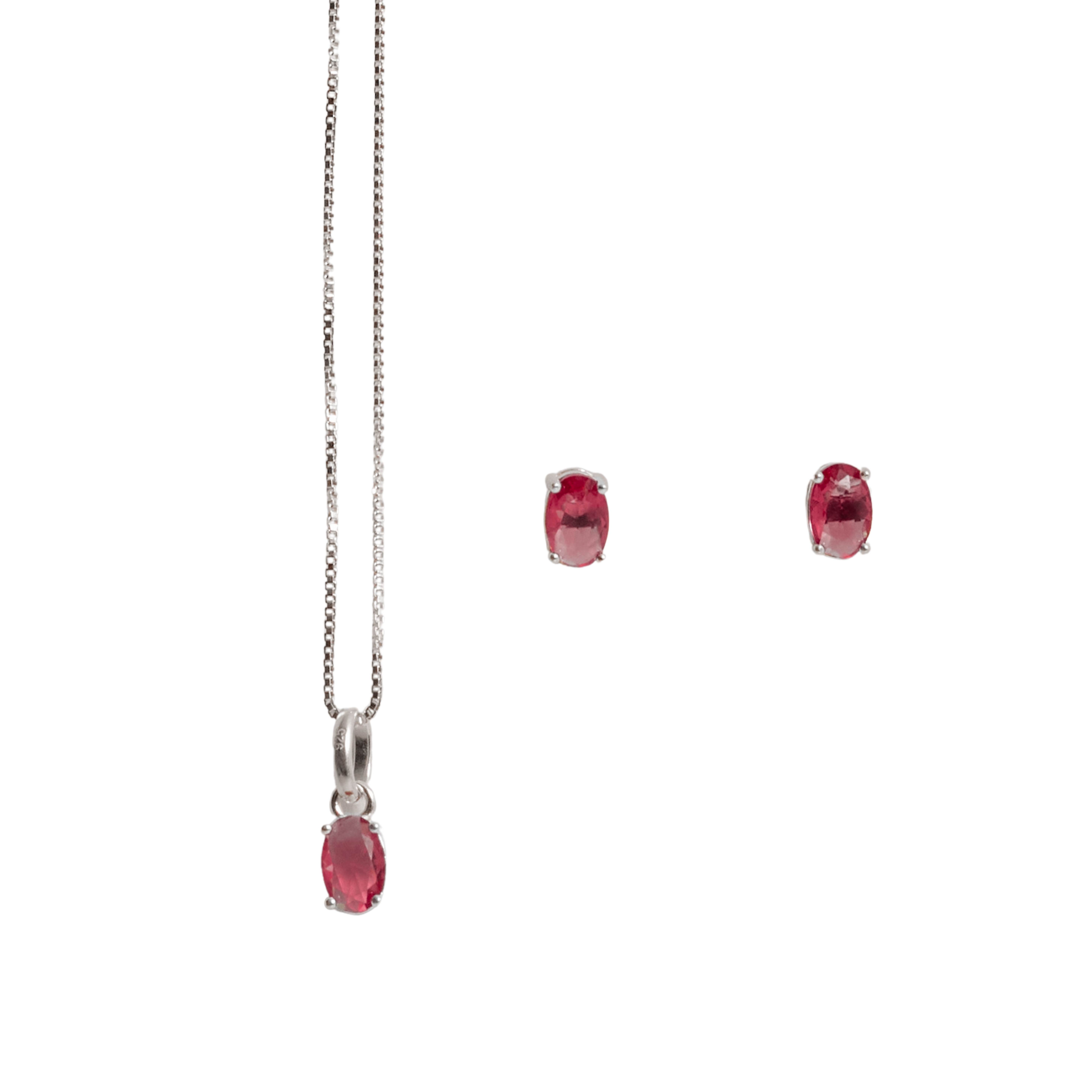 Conjunto brinco e colar zircônia oval rubi 6x4mm 45cm