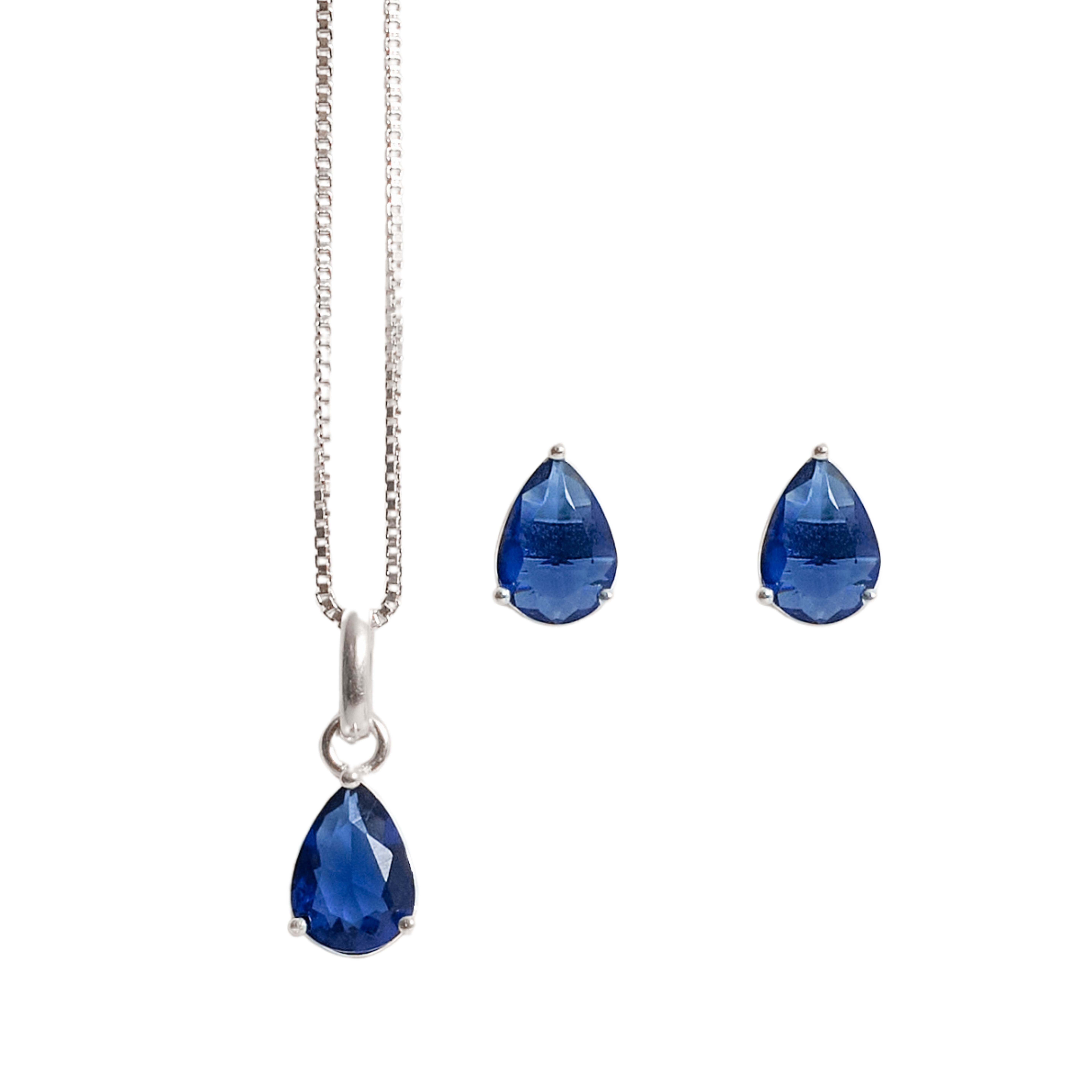 Conjunto brinco e colar zircônia gota azul 7x5mm 45cm