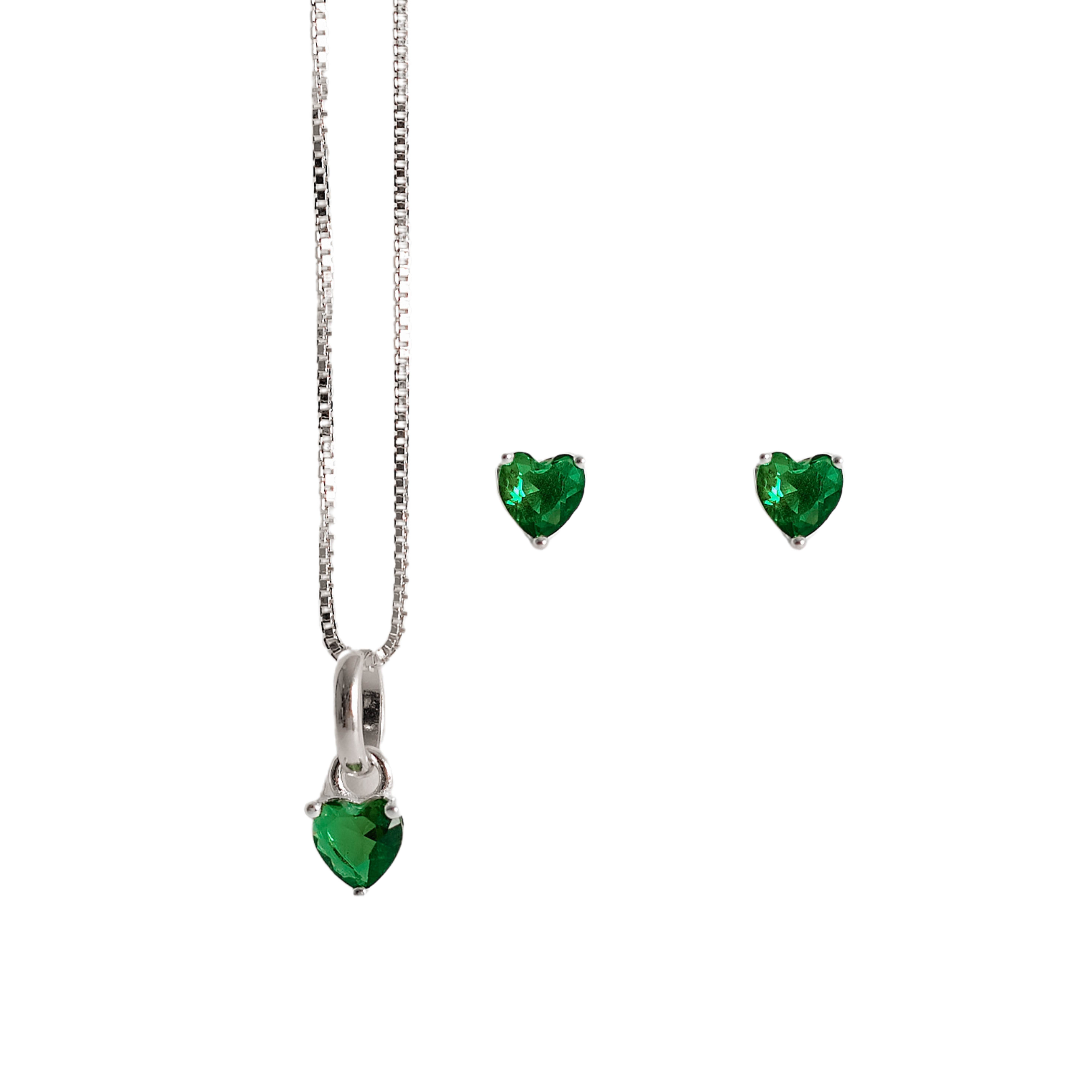 Conjunto brinco e colar zircônia coração esmeralda 4mm 40cm
