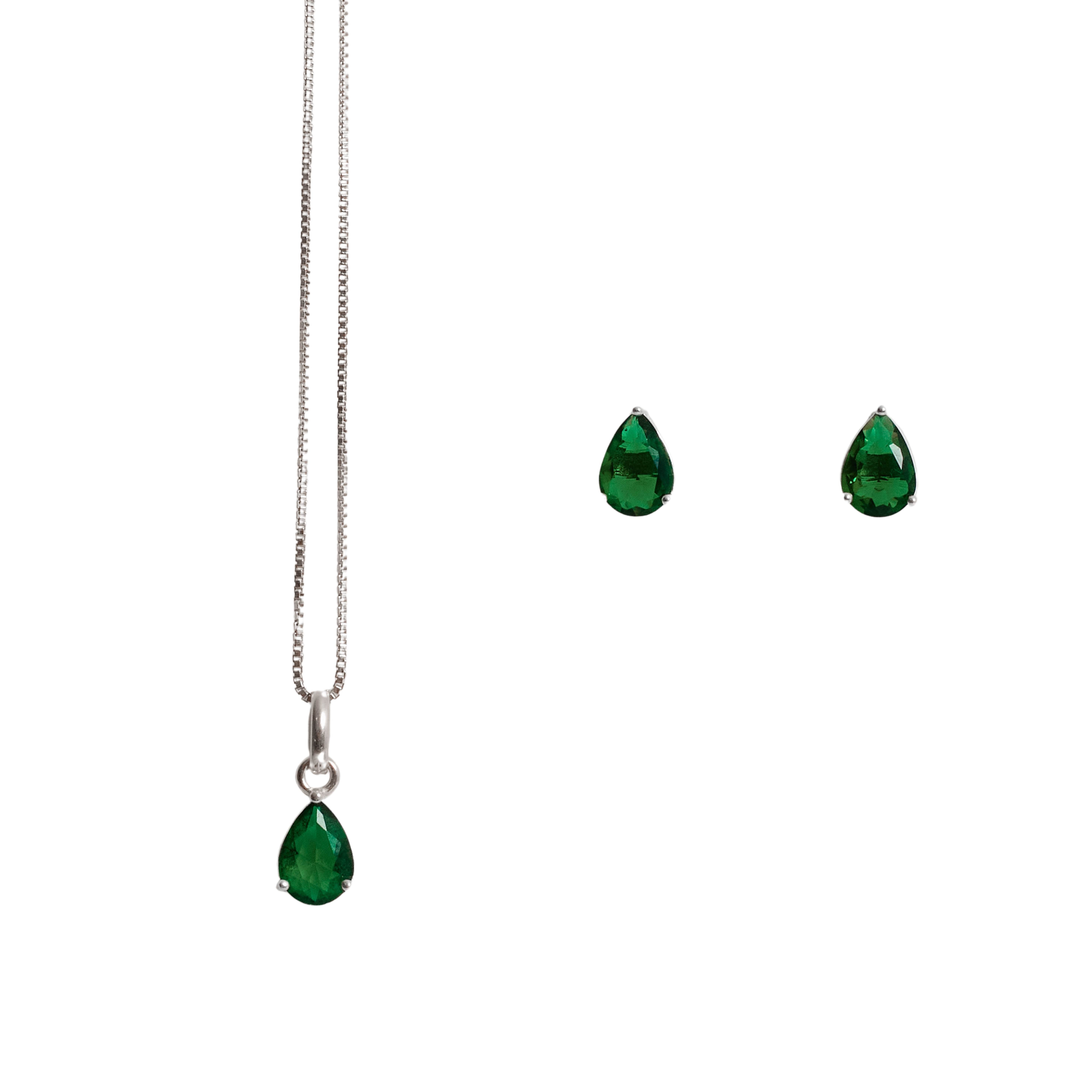 Conjunto brinco e colar zircônia gota esmeralda 6x4mm 40cm