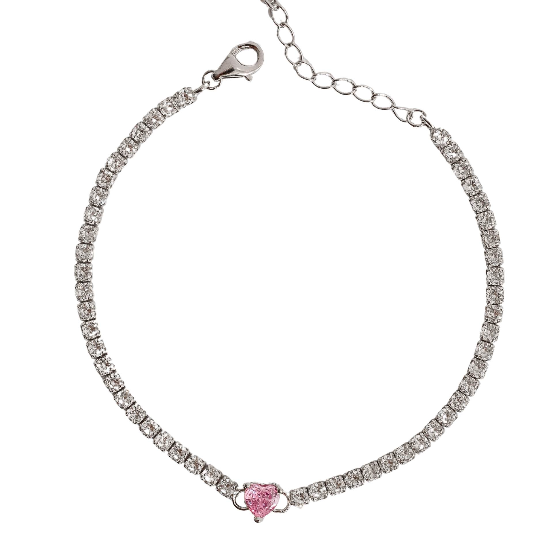 Imagem Pulseira Riviera 2.5 detalhe zircônia coração rosa 16,5cm com alongadora ródio