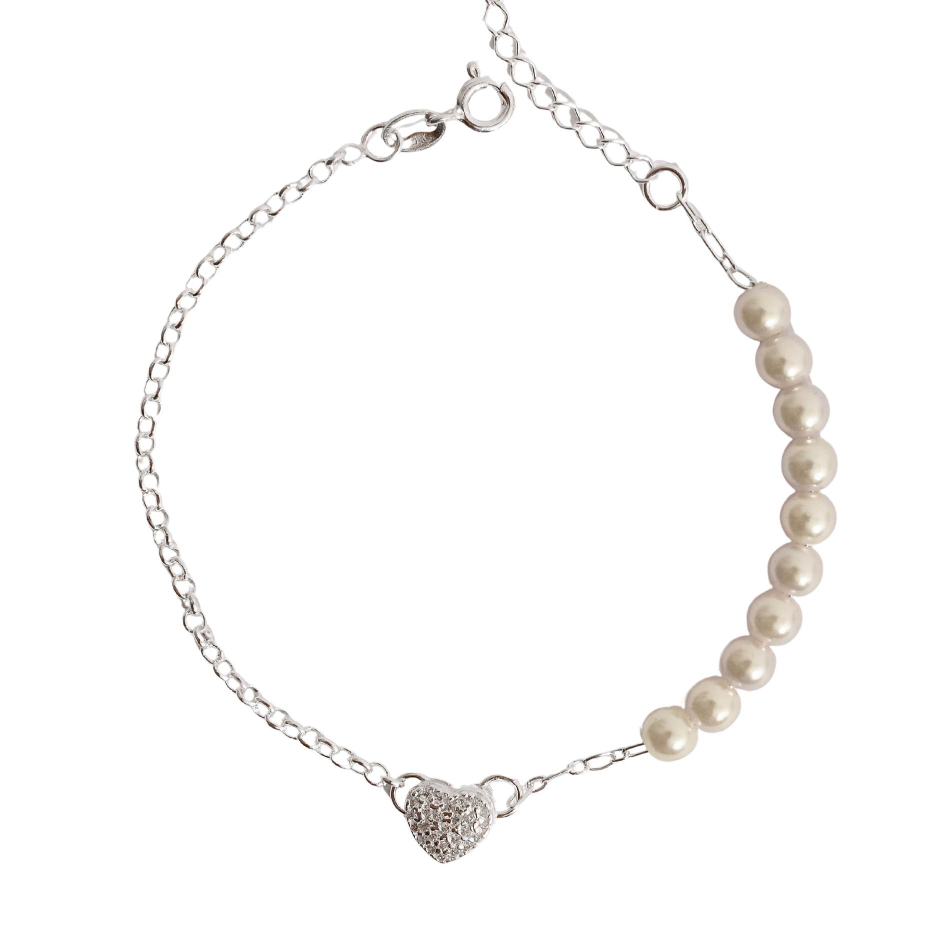 Imagem Pulseira entremeio coração cravejado 8mm corrente elo português e pérolas 17cm com alongadora