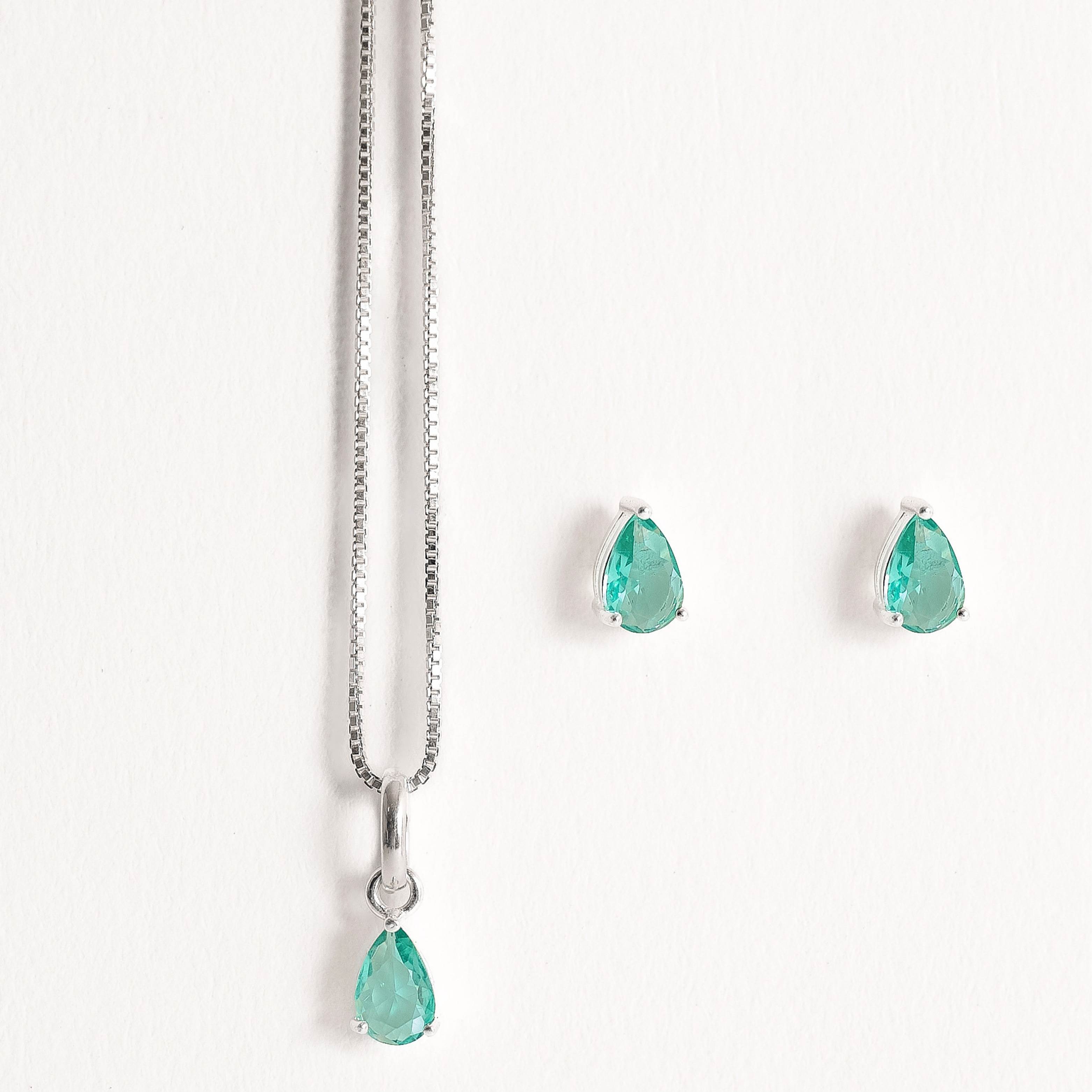 Conjunto brinco e colar zircônia gota turmalina 6x4mm 40cm