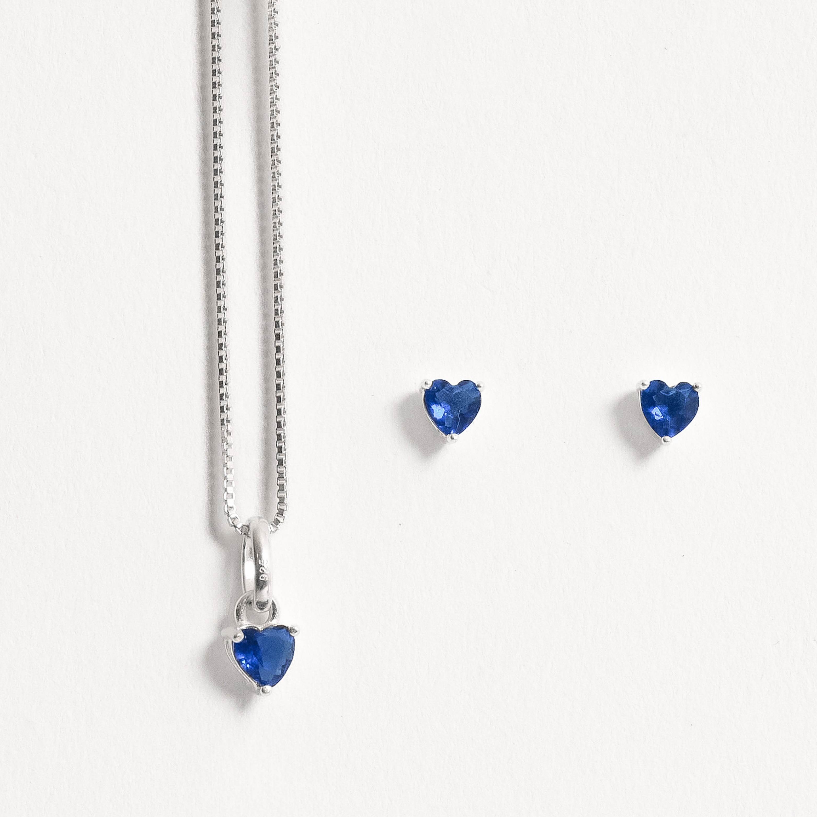 Conjunto brinco e colar zircônia coração azul 4mm 40cm