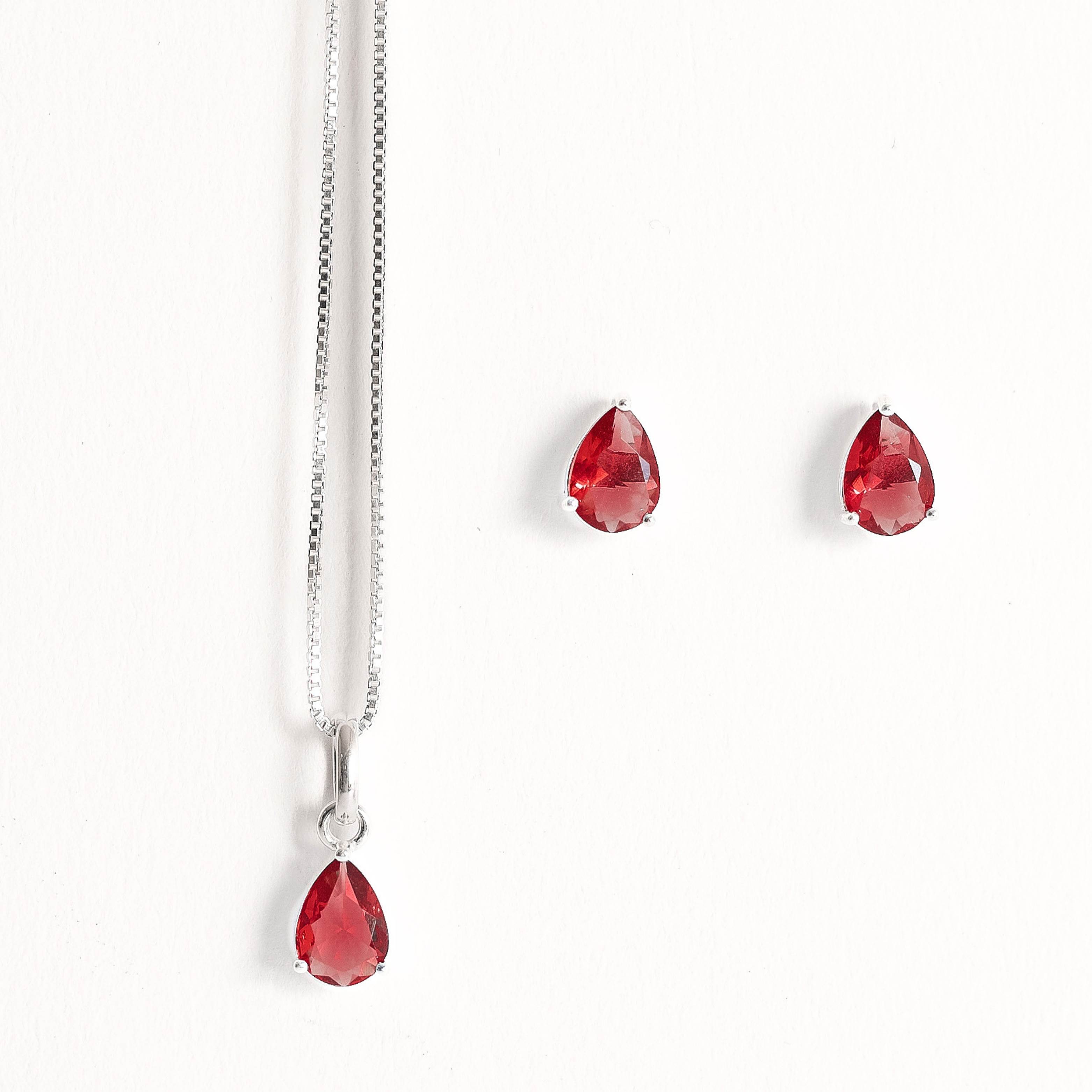 Conjunto brinco e colar zircônia gota rubi 7x5mm 45cm