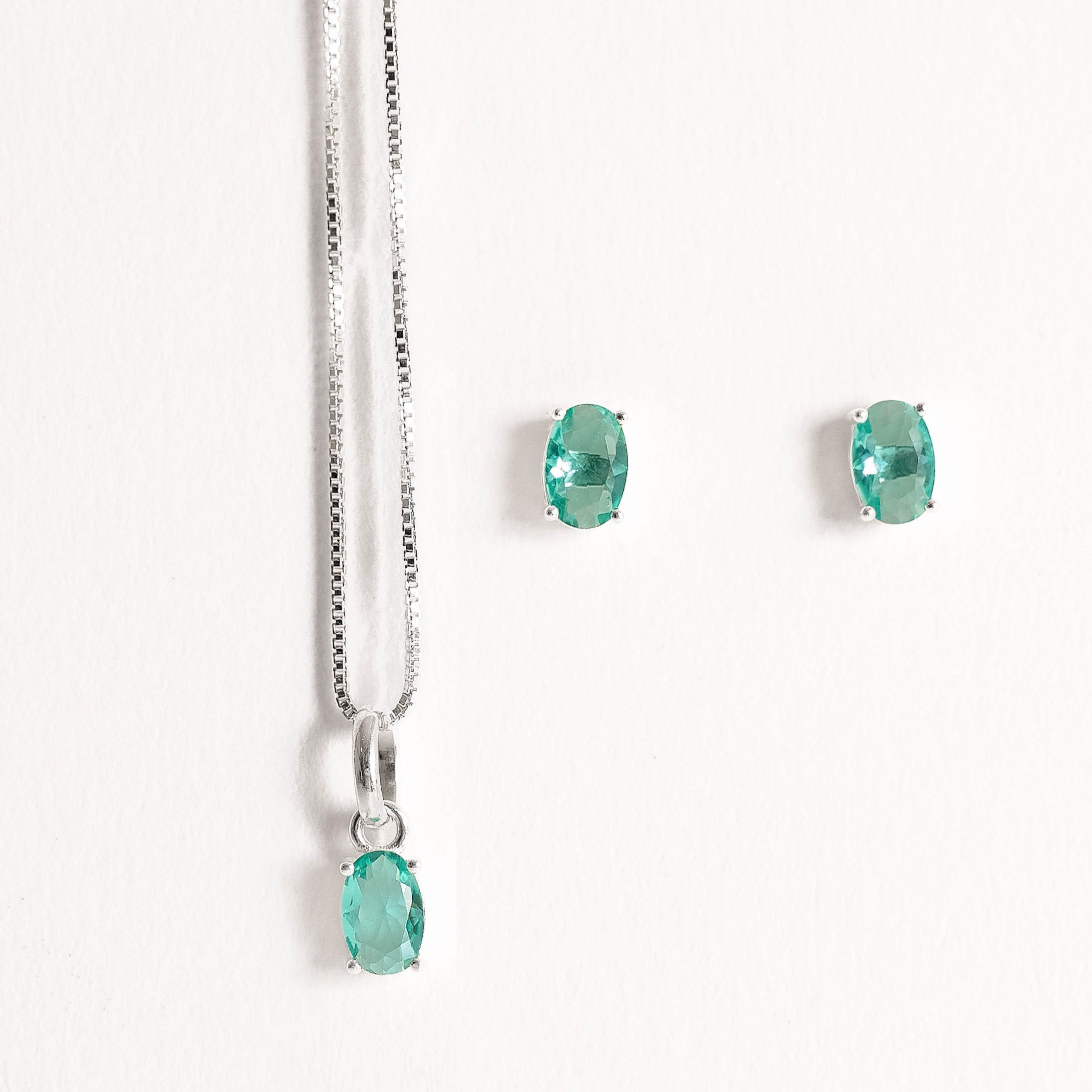 Conjunto brinco e colar zircônia oval turmalina 6x4mm 45cm