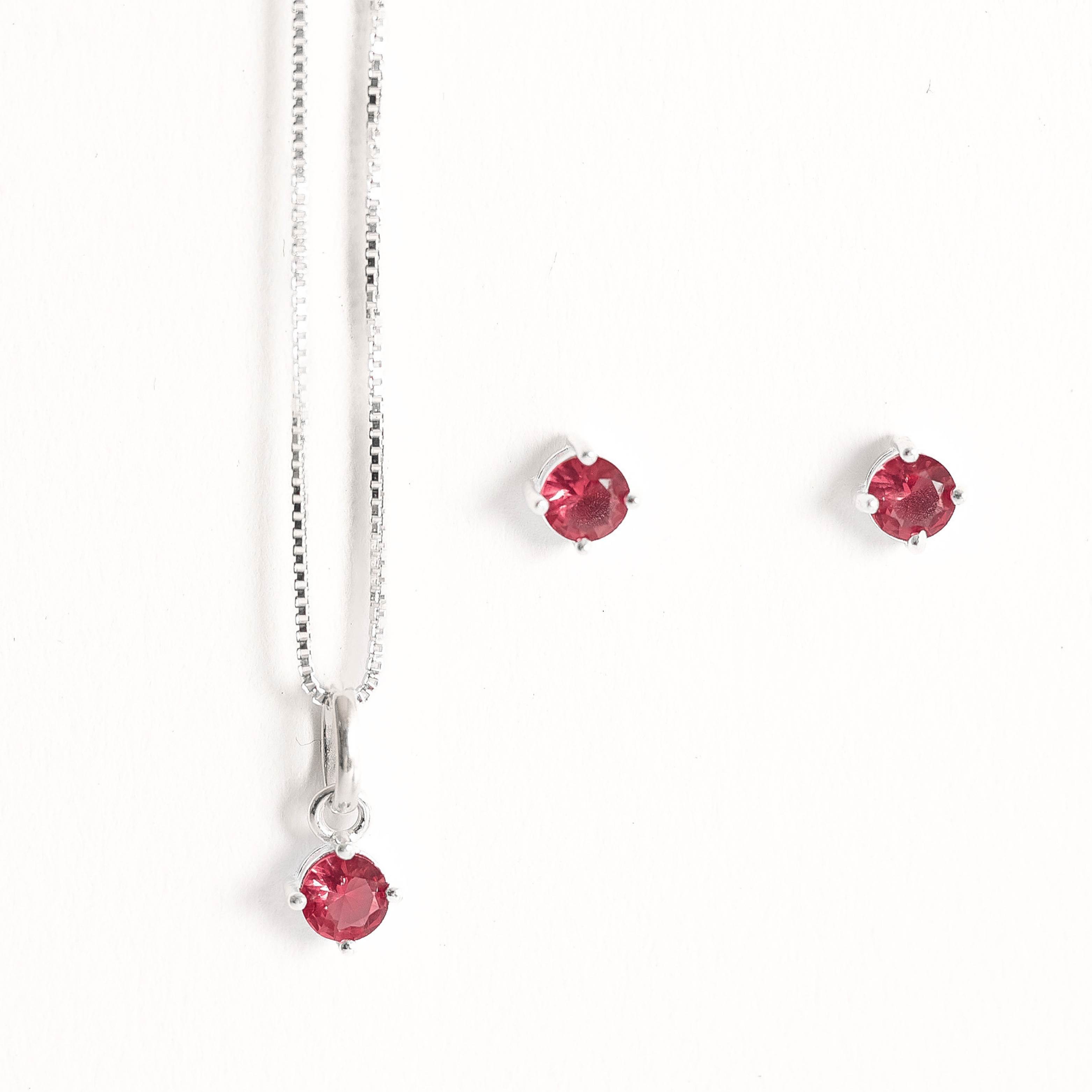 Conjunto brinco e colar zircônia redonda rubi 4mm 40cm