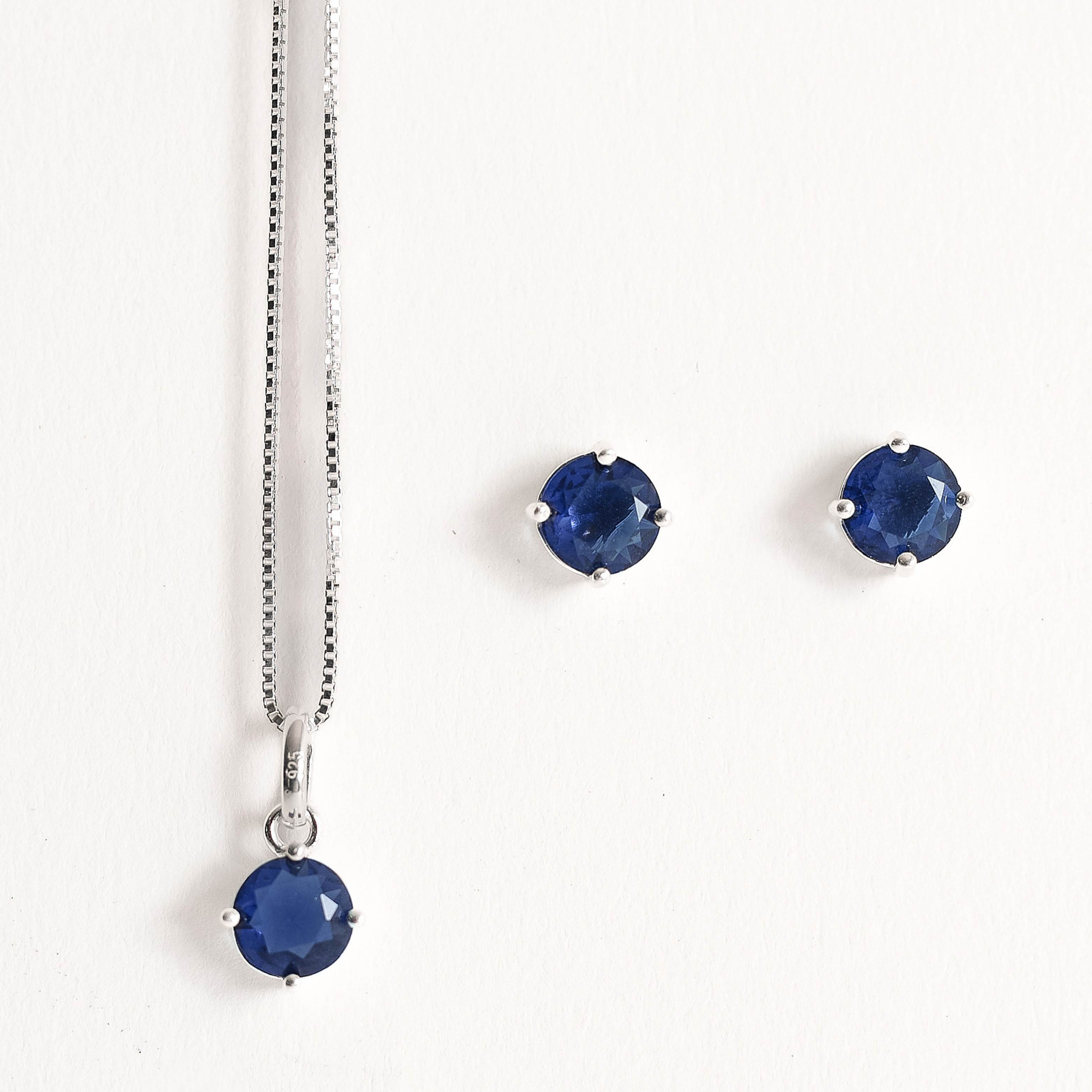 Imagem Conjunto brinco e colar zircônia redonda azul 6mm 45cm