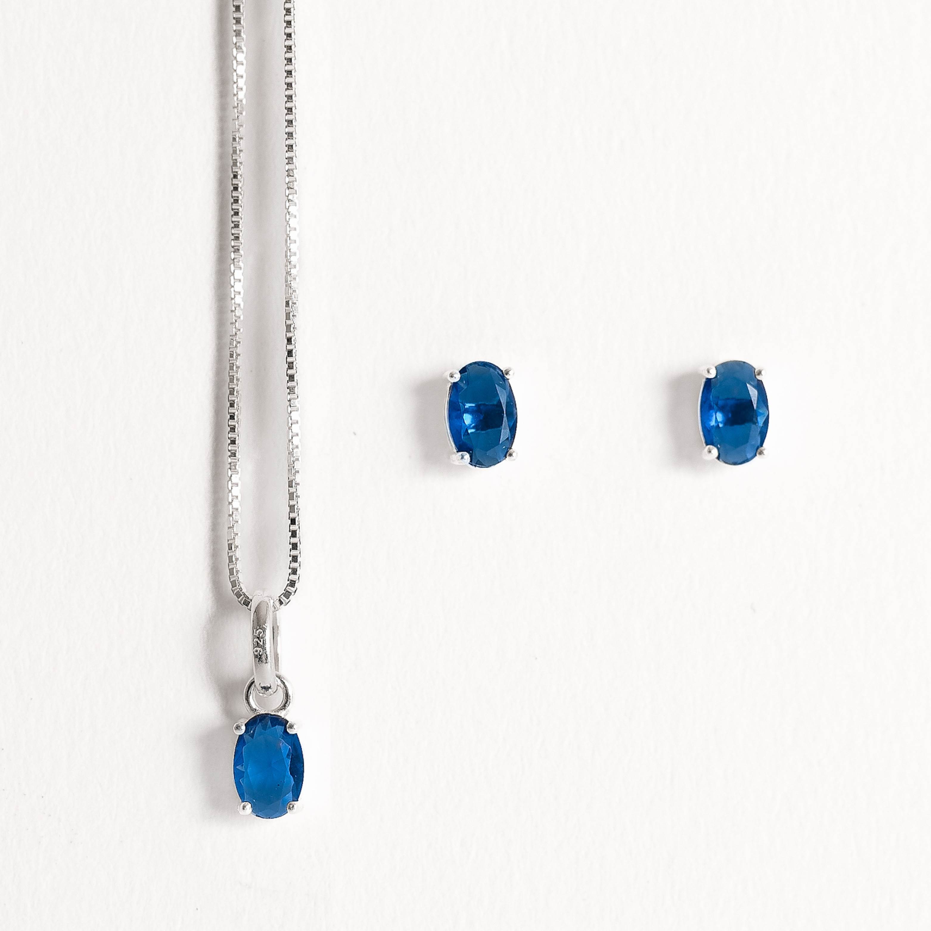 Conjunto brinco e colar zircônia oval azul 6x4mm 45cm