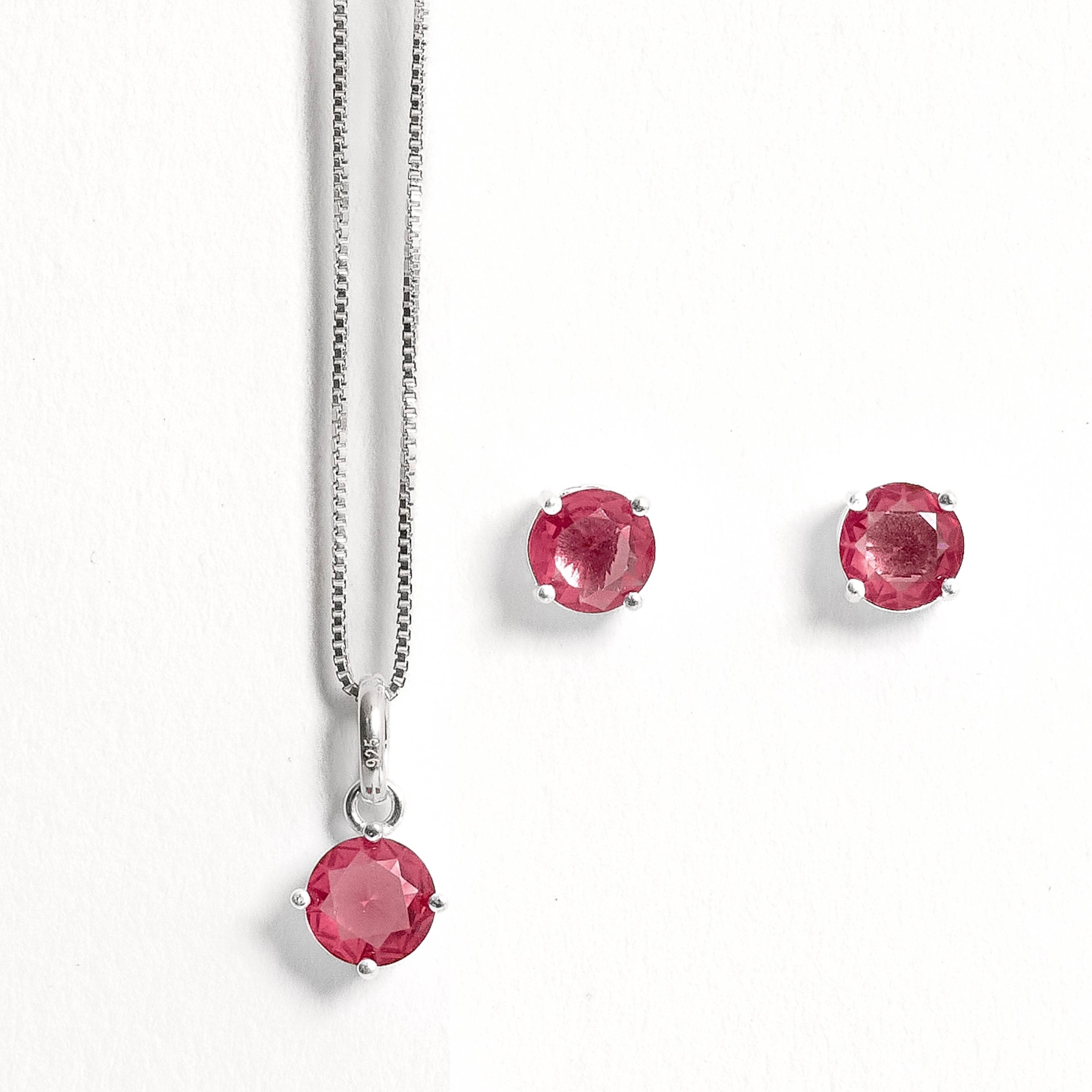 Imagem Conjunto brinco e colar zircônia redonda rubi 6mm 45cm