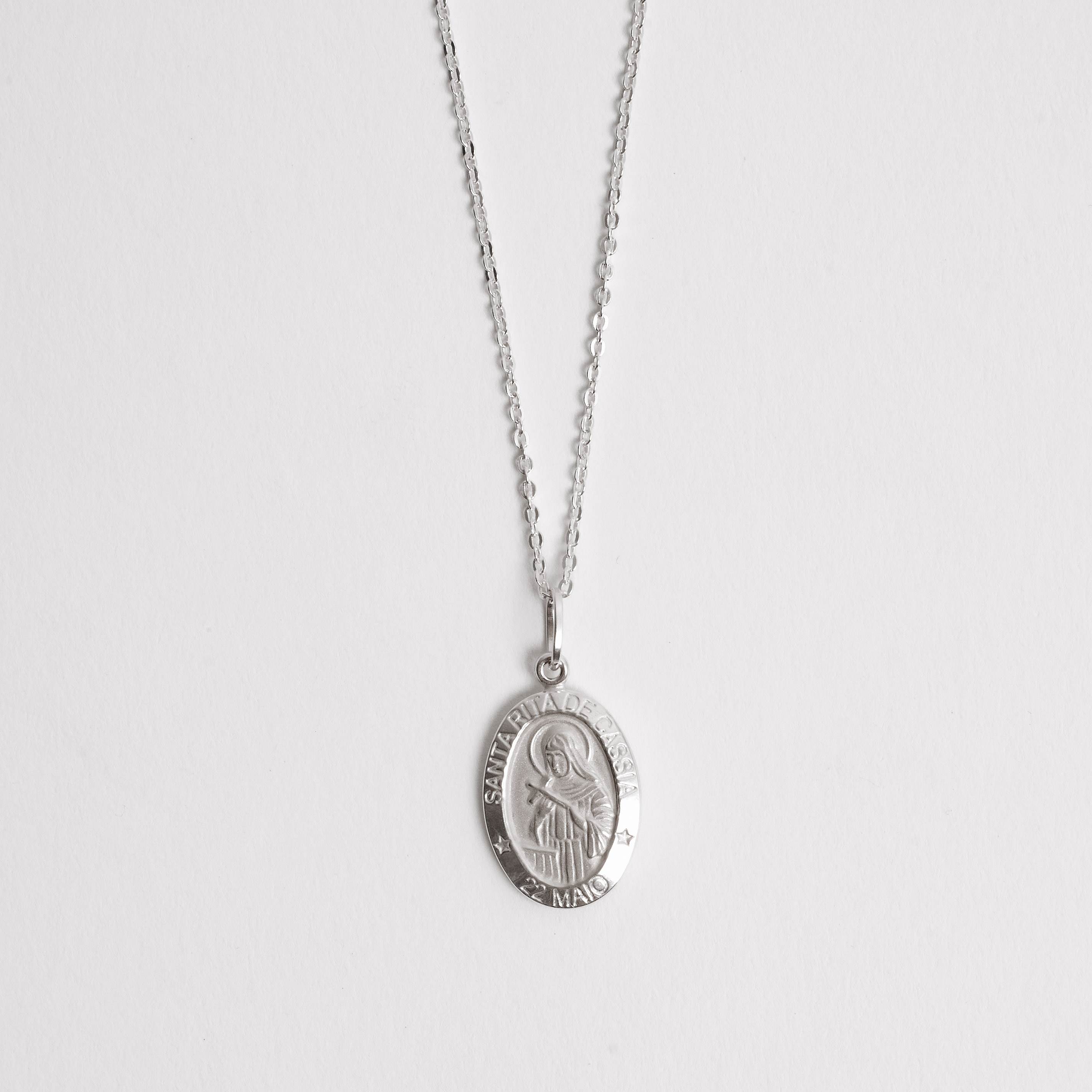 Colar pingente medalha dupla face Santa Rita de Cássia e cruz 16mm corrente cadeadinho 45cm