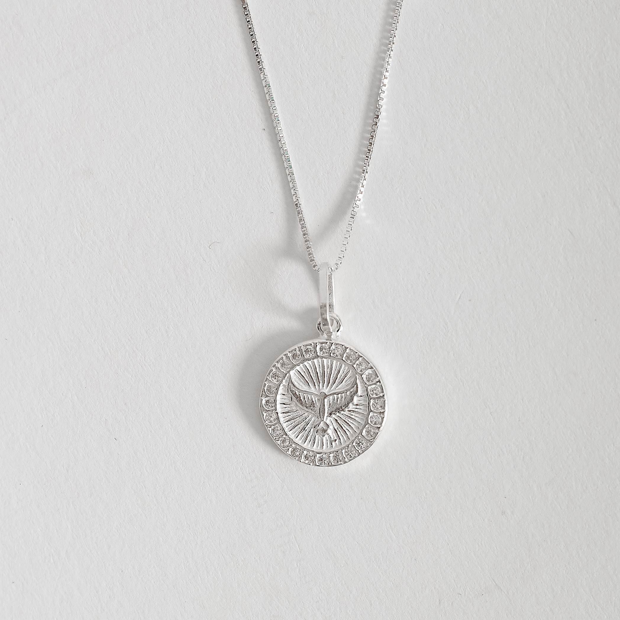 Colar pingente medalha Espírito Santo cravejado 14mm 45cm