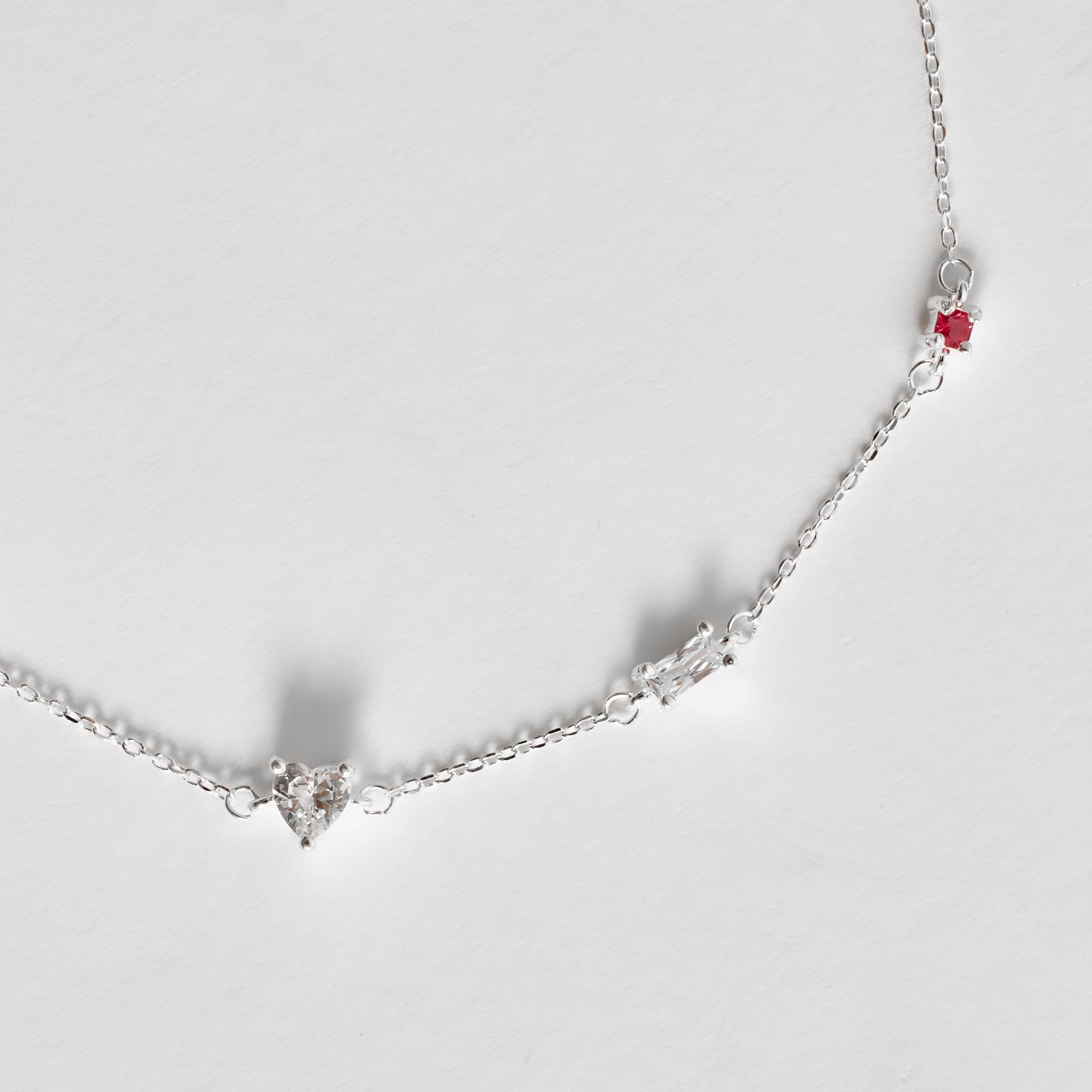Imagem Pulseira entremeios zircônias quadrada rubi, retangular e coração cristal 16+4cm