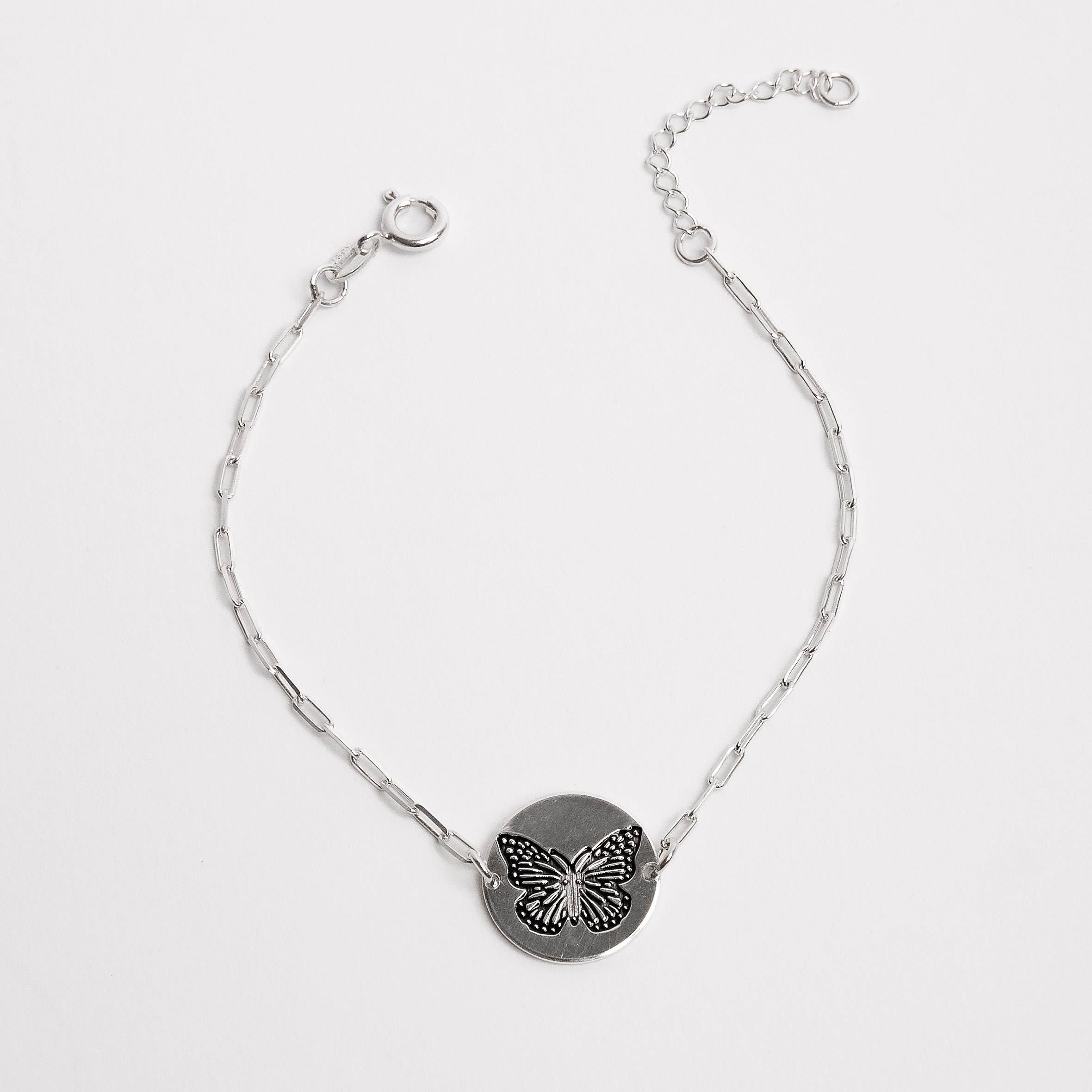 Pulseira entremeio medalha dupla face borboleta e frase 15mm