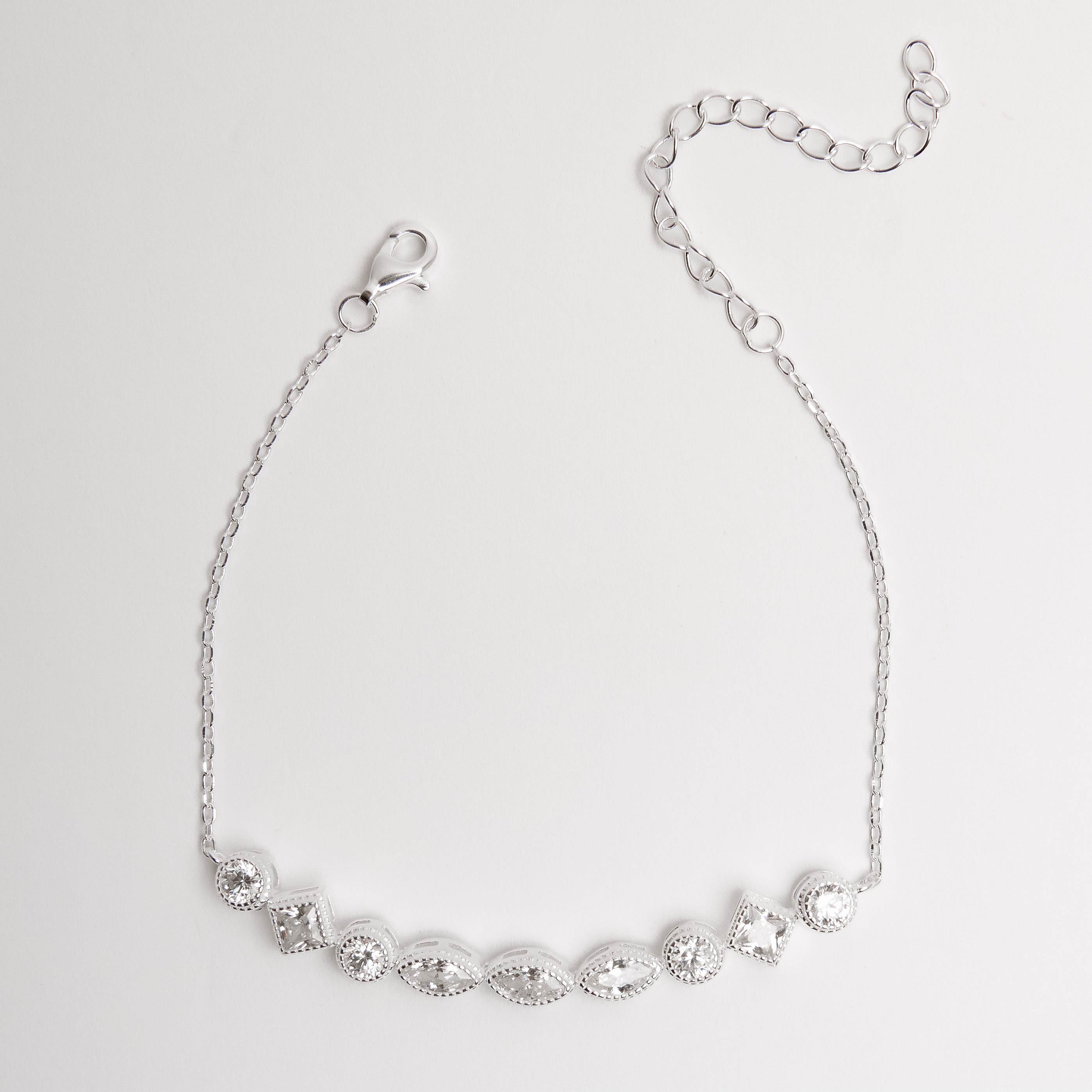 Pulseira entremeio zircônias redonda, losango e navete corrente cadeado 16+4cm