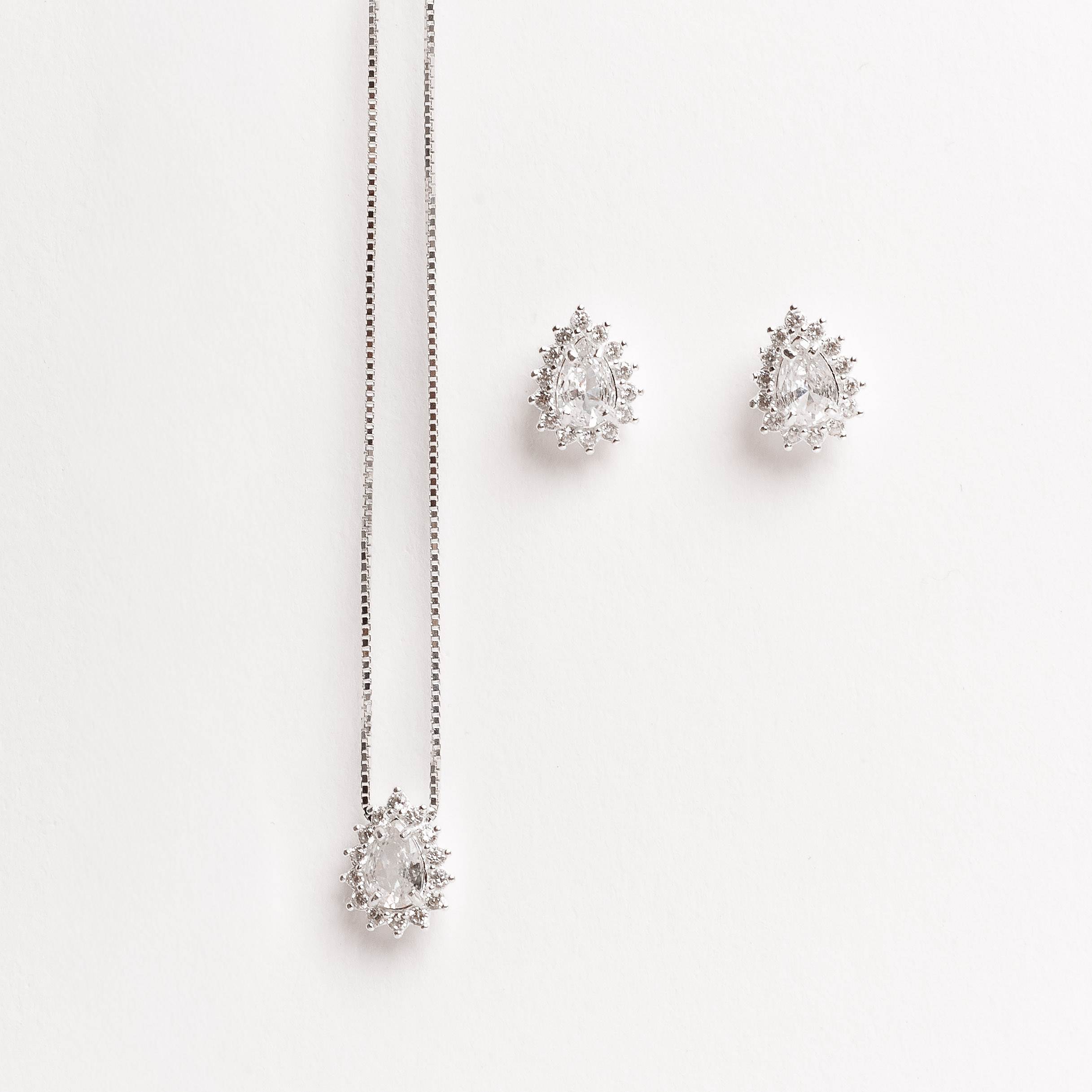 Conjunto brinco e colar zircônia gota com cravejado 10mm 45cm