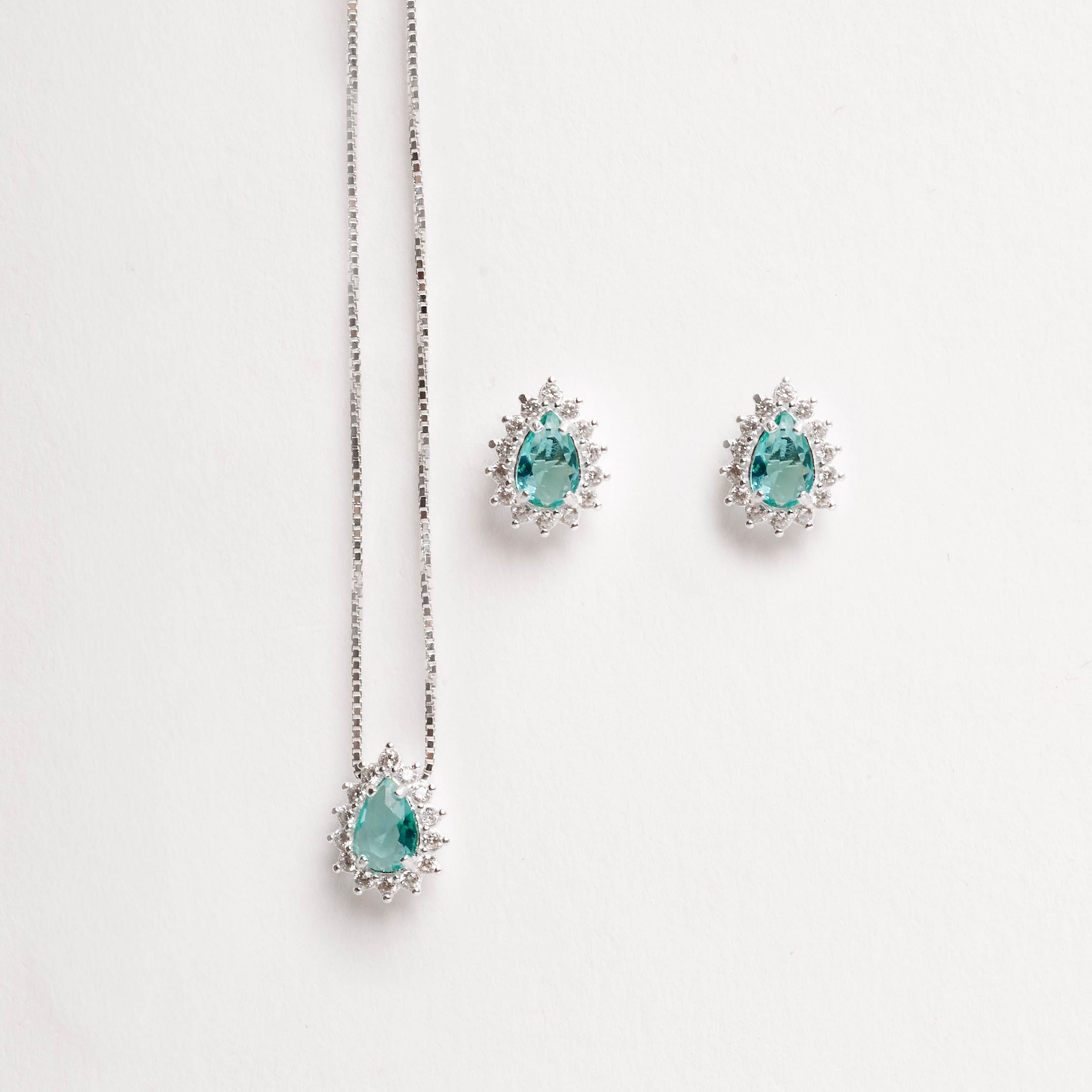 Imagem Conjunto brinco e colar zircônia gota turmalina com cravejado 10mm 45cm