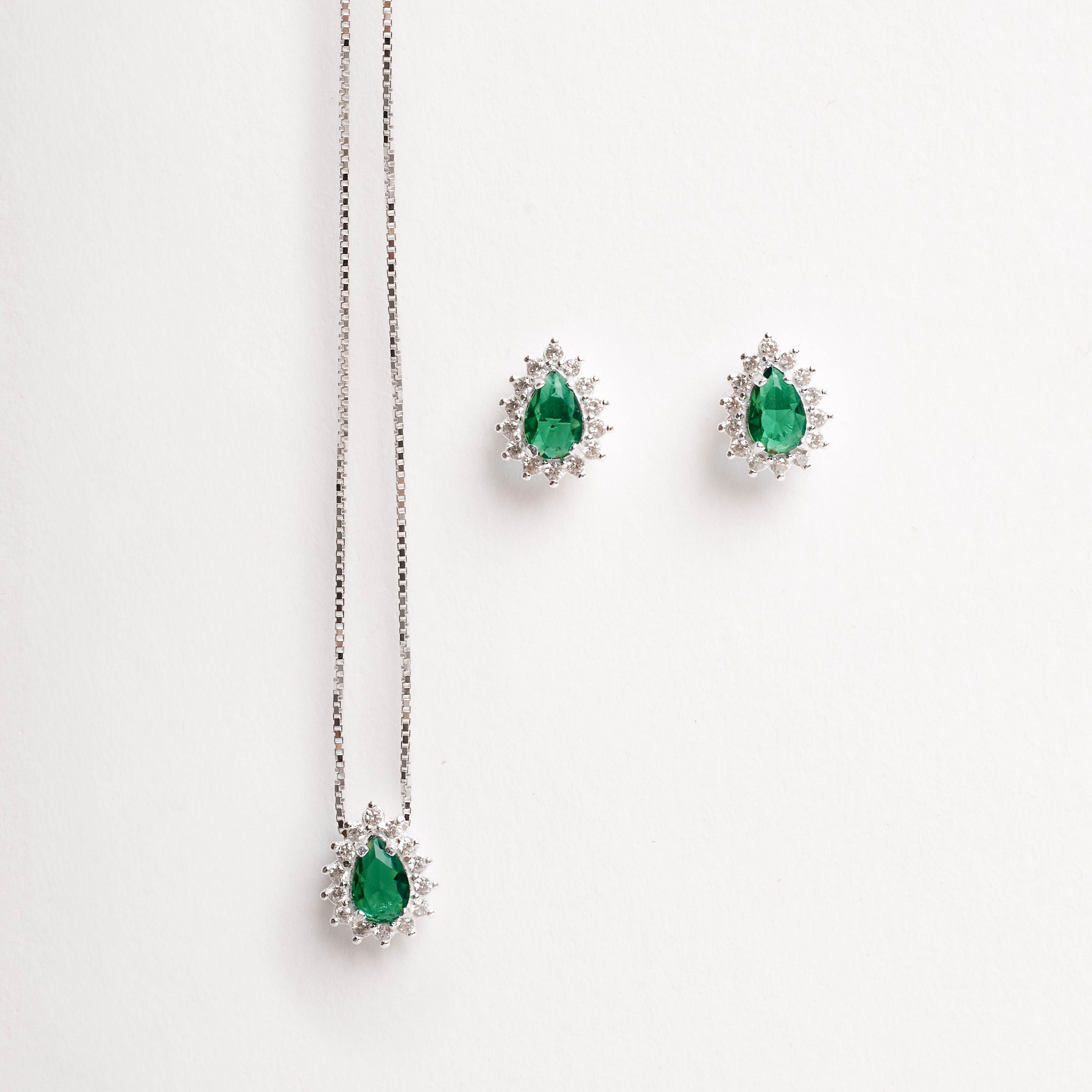Imagem Conjunto brinco e colar zircônia gota esmeralda com cravejado 10mm 45cm
