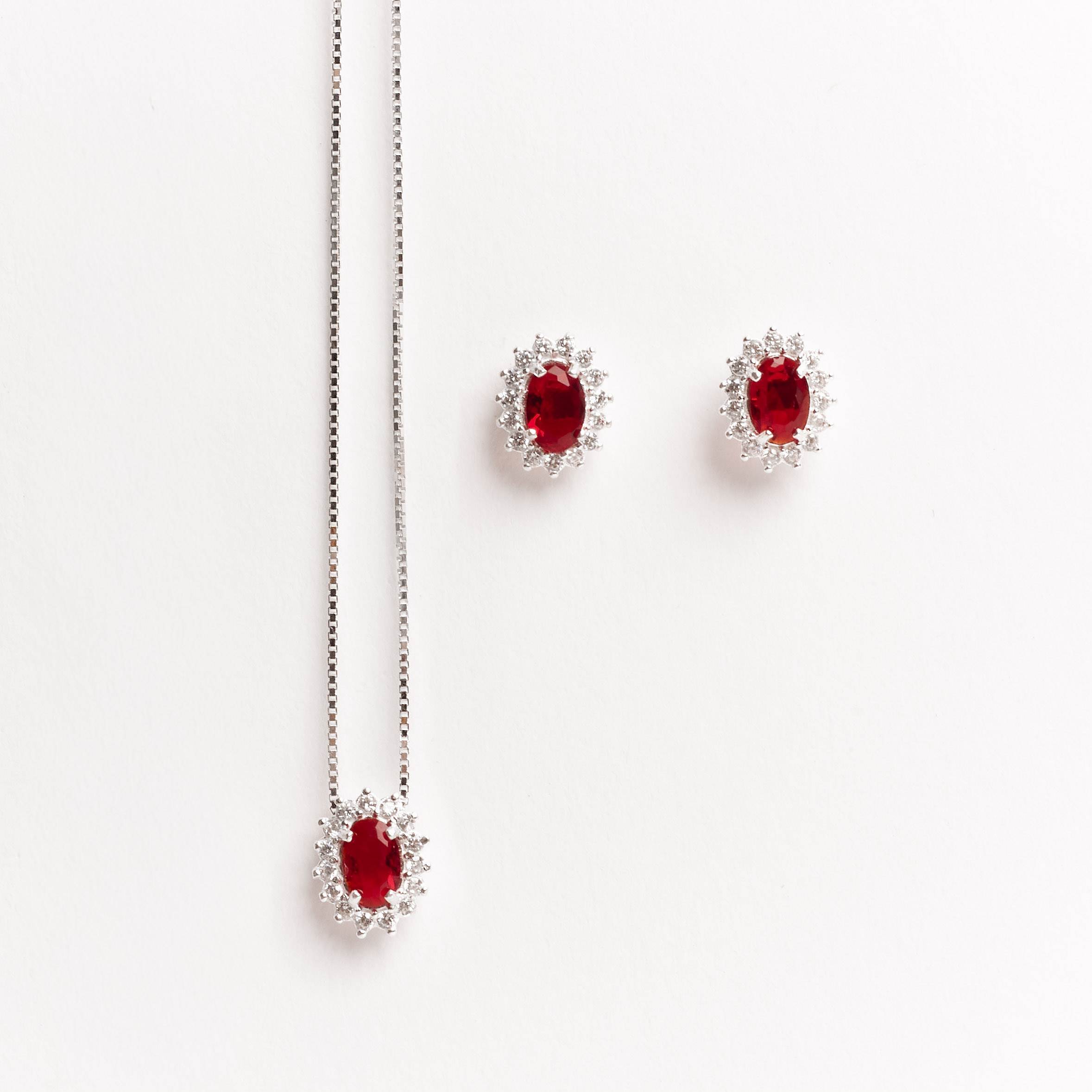 Conjunto brinco e colar zircônia oval rubi com cravejado 10mm 45cm