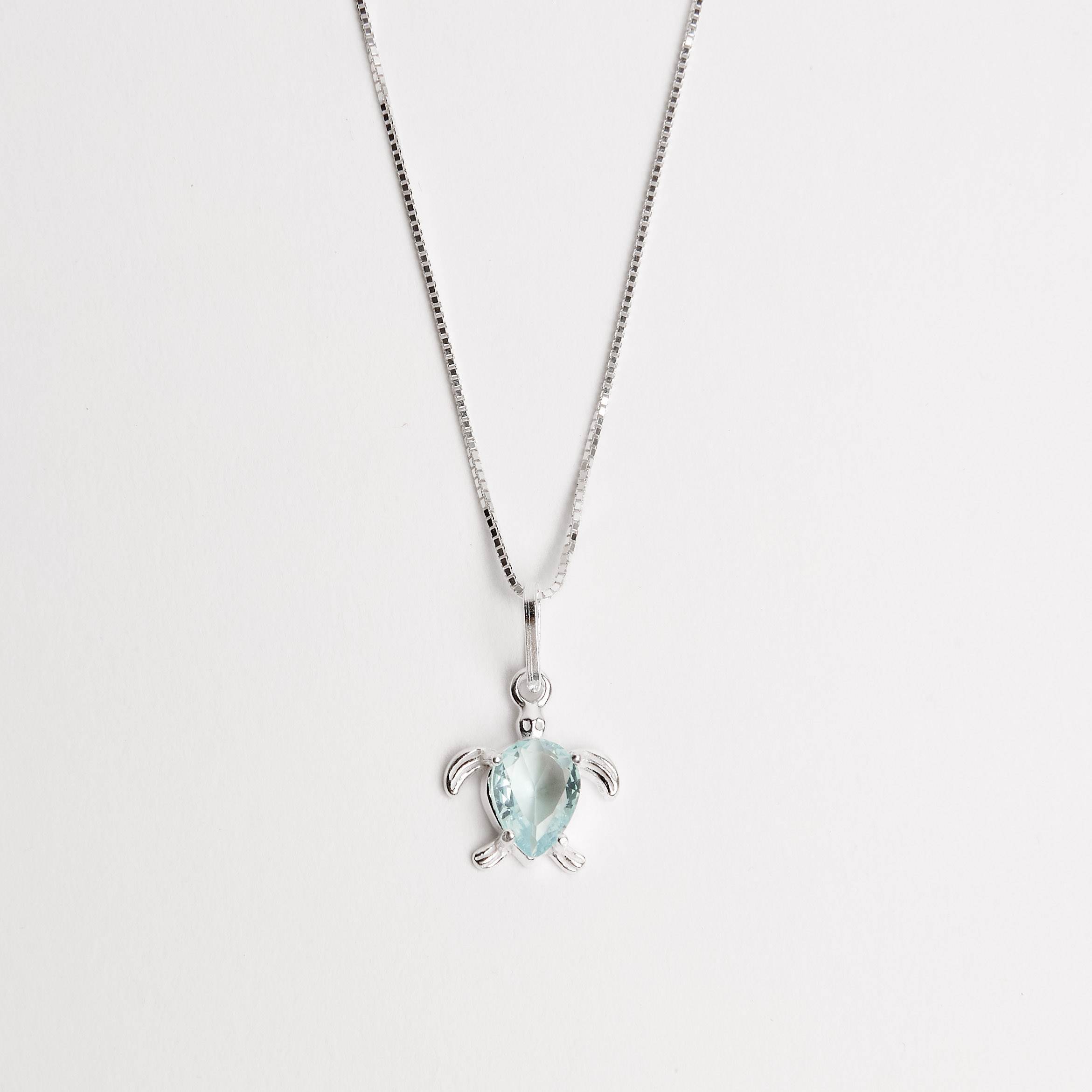 Colar pingente tartaruga com zircônia gota azul 12mm 45cm