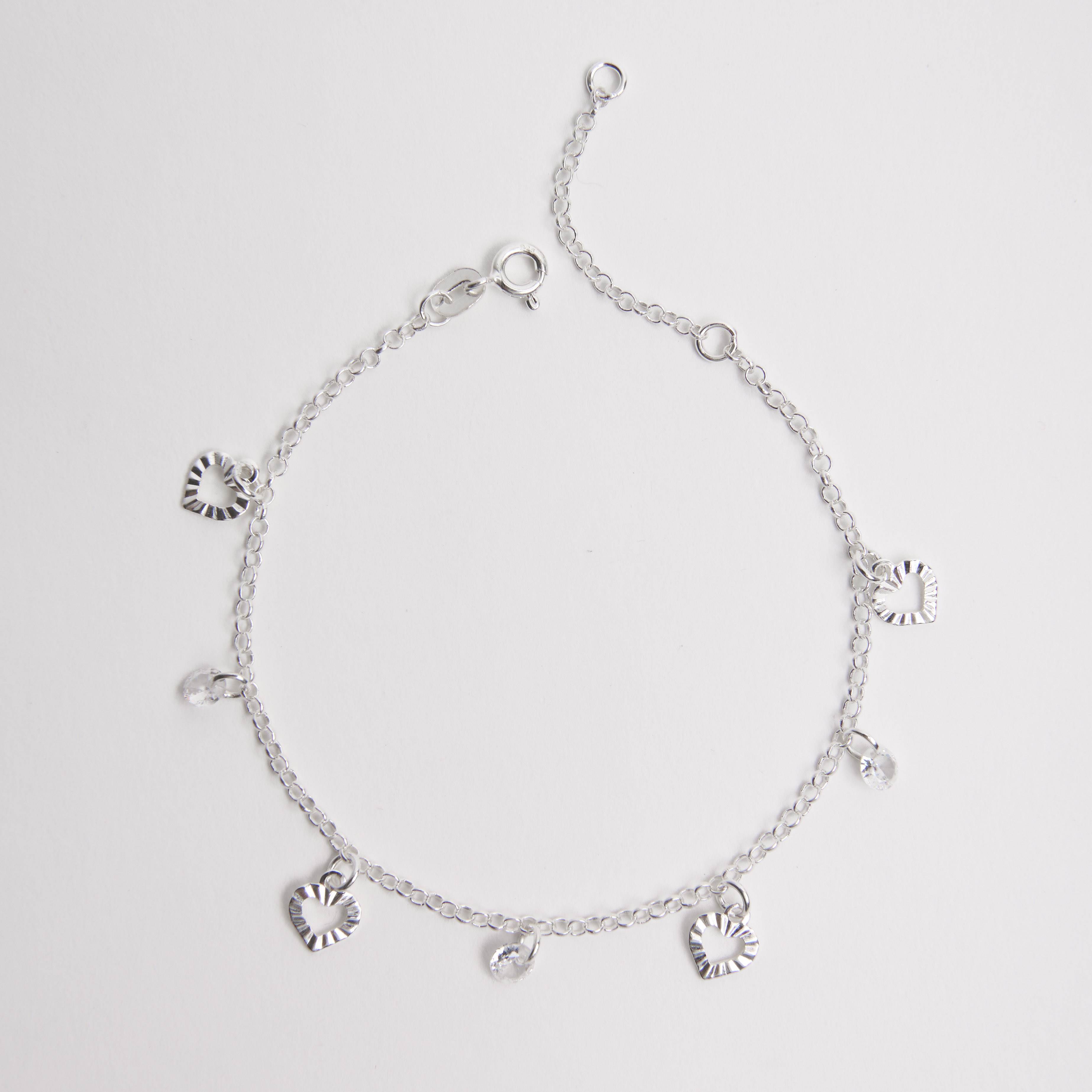 Imagem Pulseira pingente corações com vinco e zircônias corrente elo português 19cm