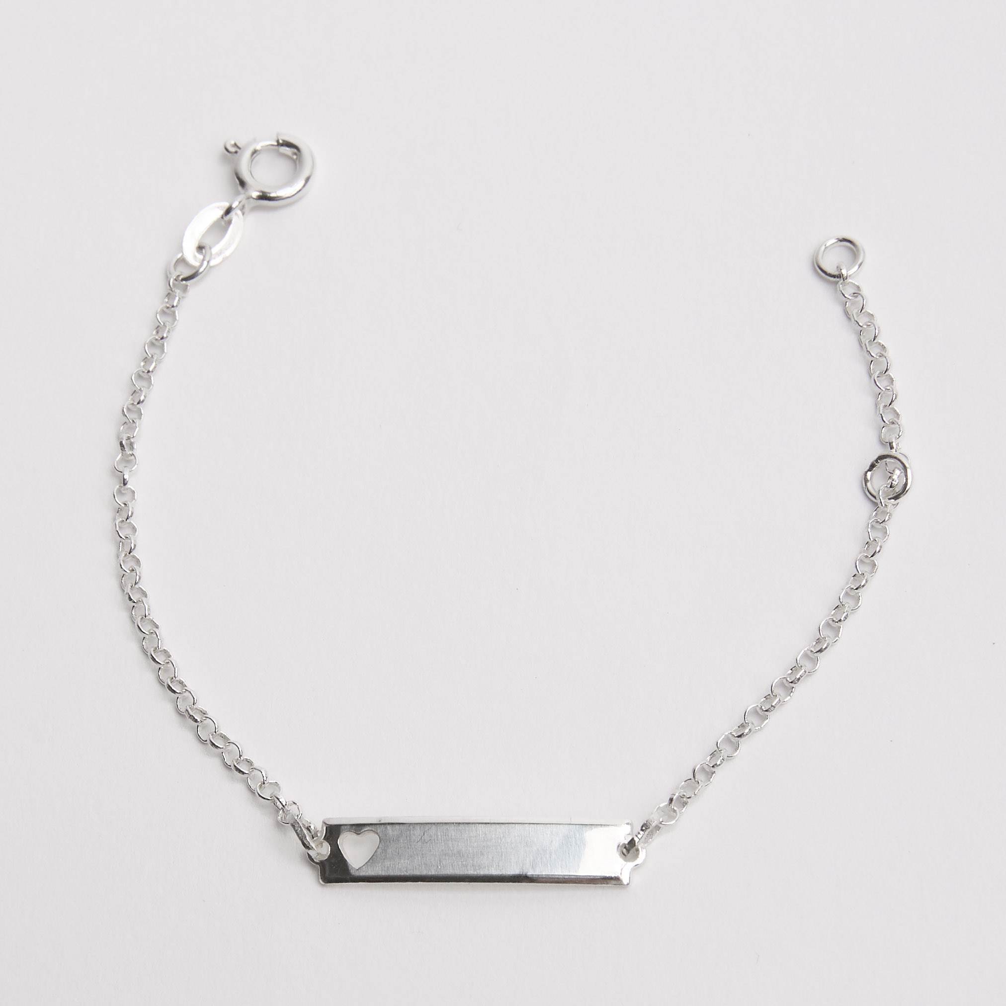 Pulseira infantil entremeio placa com coração vazado 22mm corrente elo português 14cm