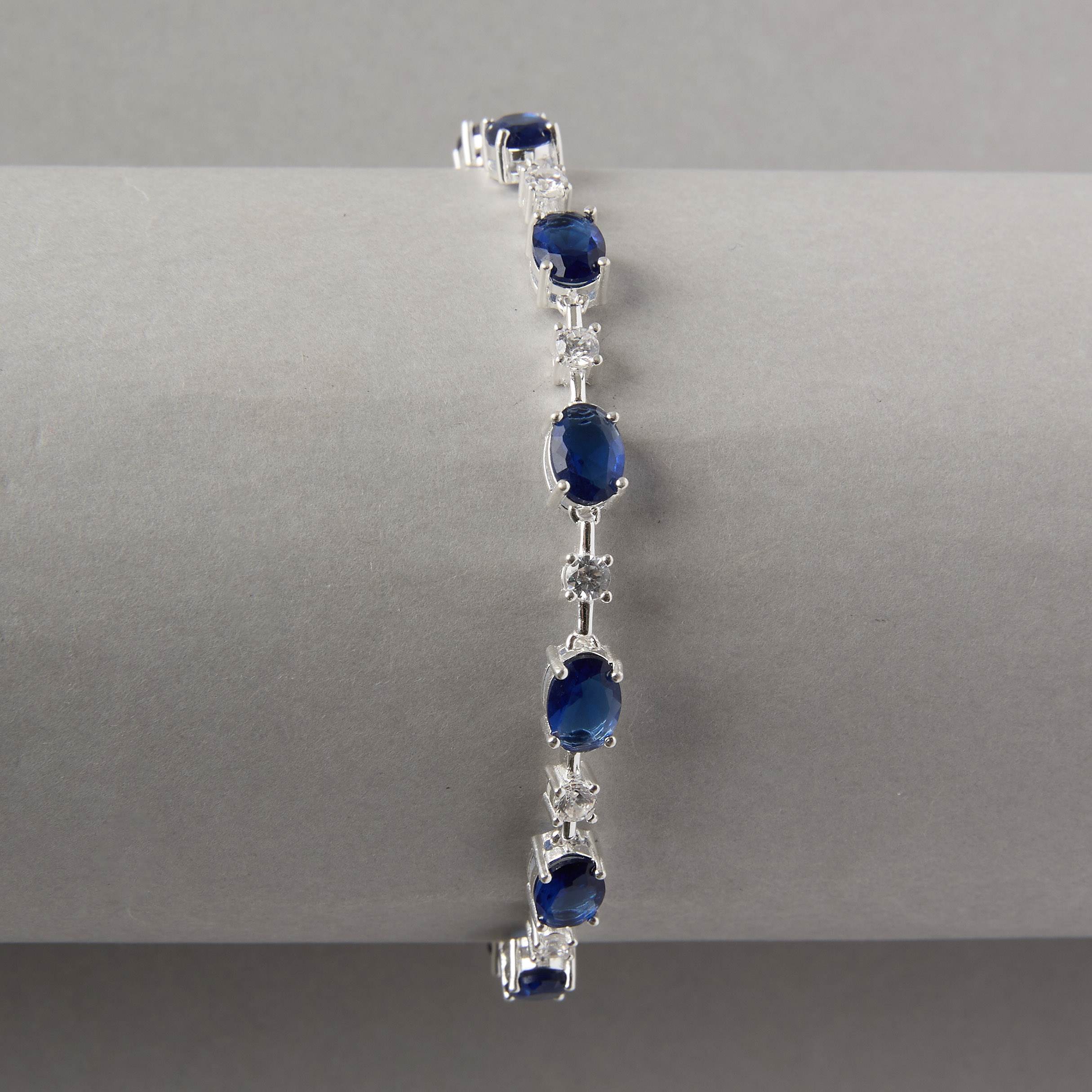 Pulseira Riviera fio faca zircônias ovais safira e redondas cristal 18,5cm fecho gaveta