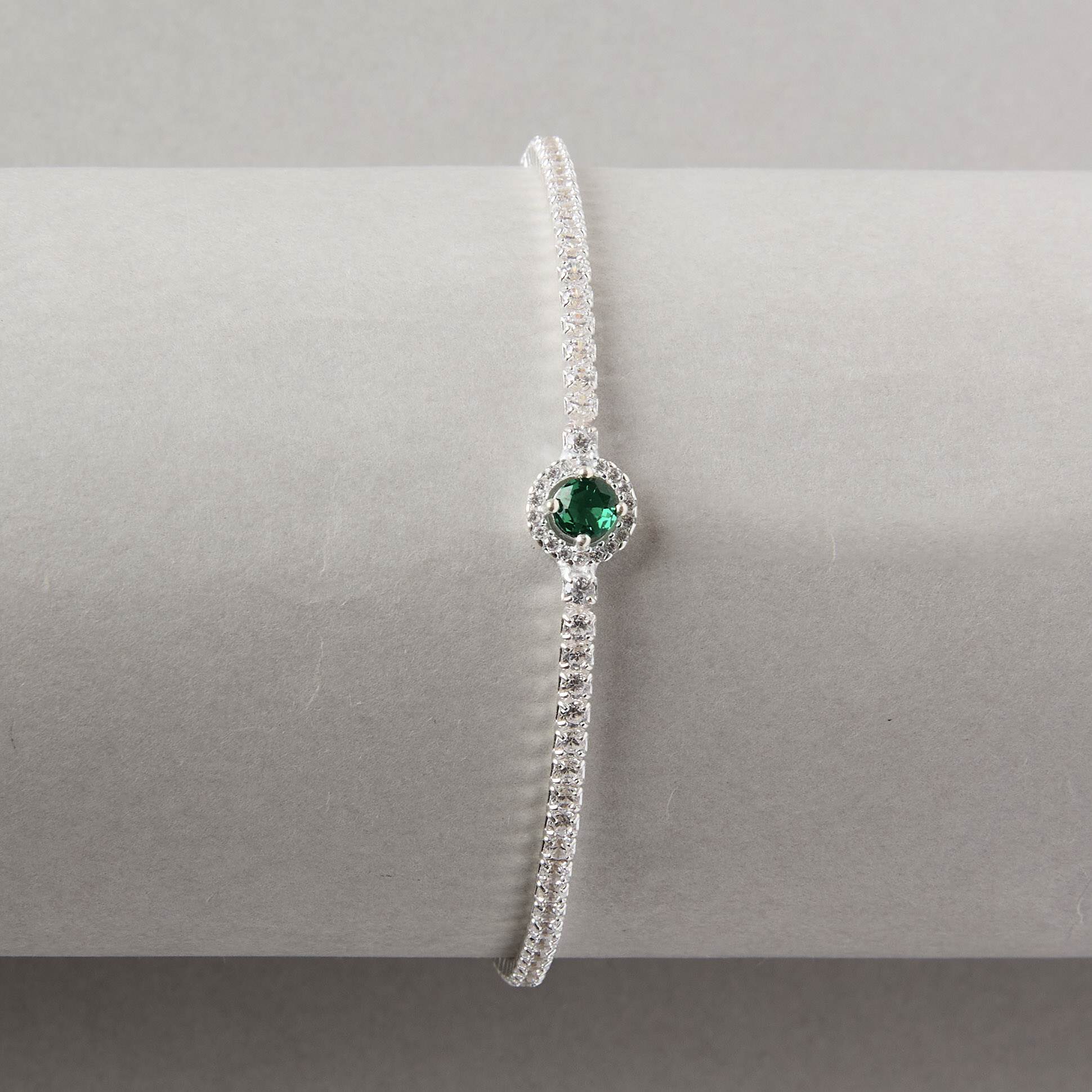 Pulseira Riviera 2mm com círculo vazado cravejado esmeralda 16+4cm