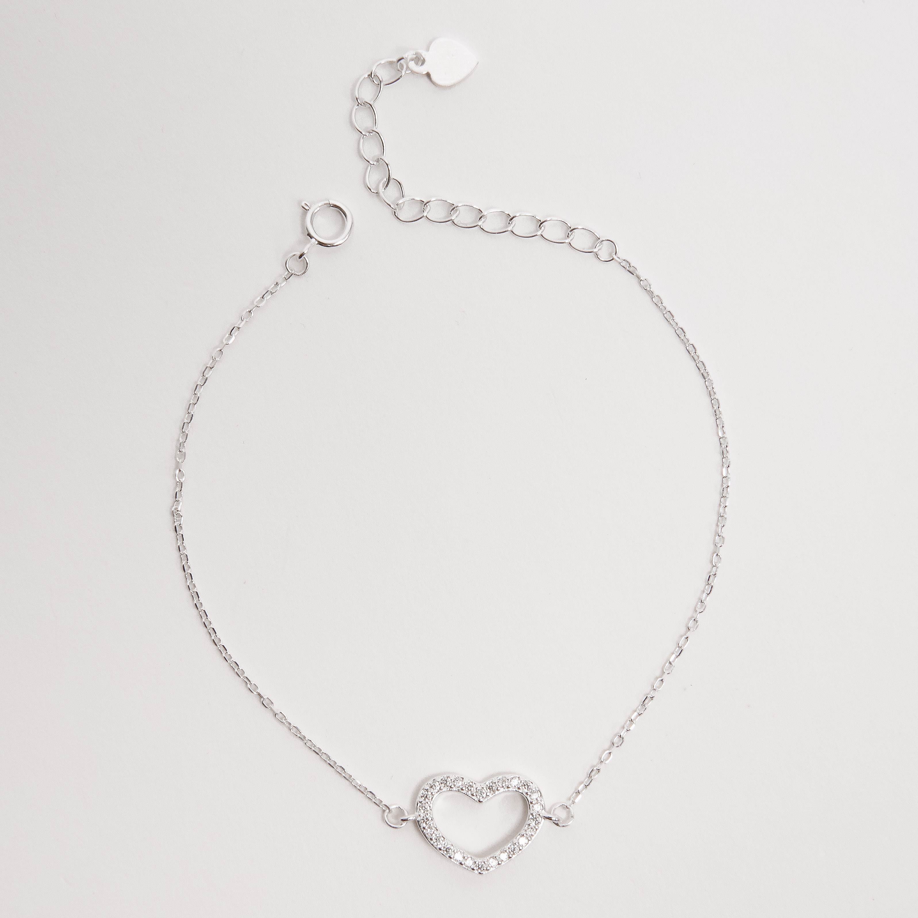 Pulseira entremeio coração vazado cravejado 13mm 16+4cm