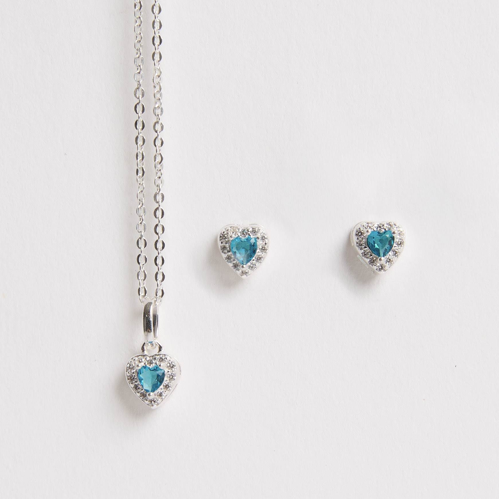 Conjunto brinco e colar zircônia coração azul com cravejado 6mm corrente cadeadinho 40cm