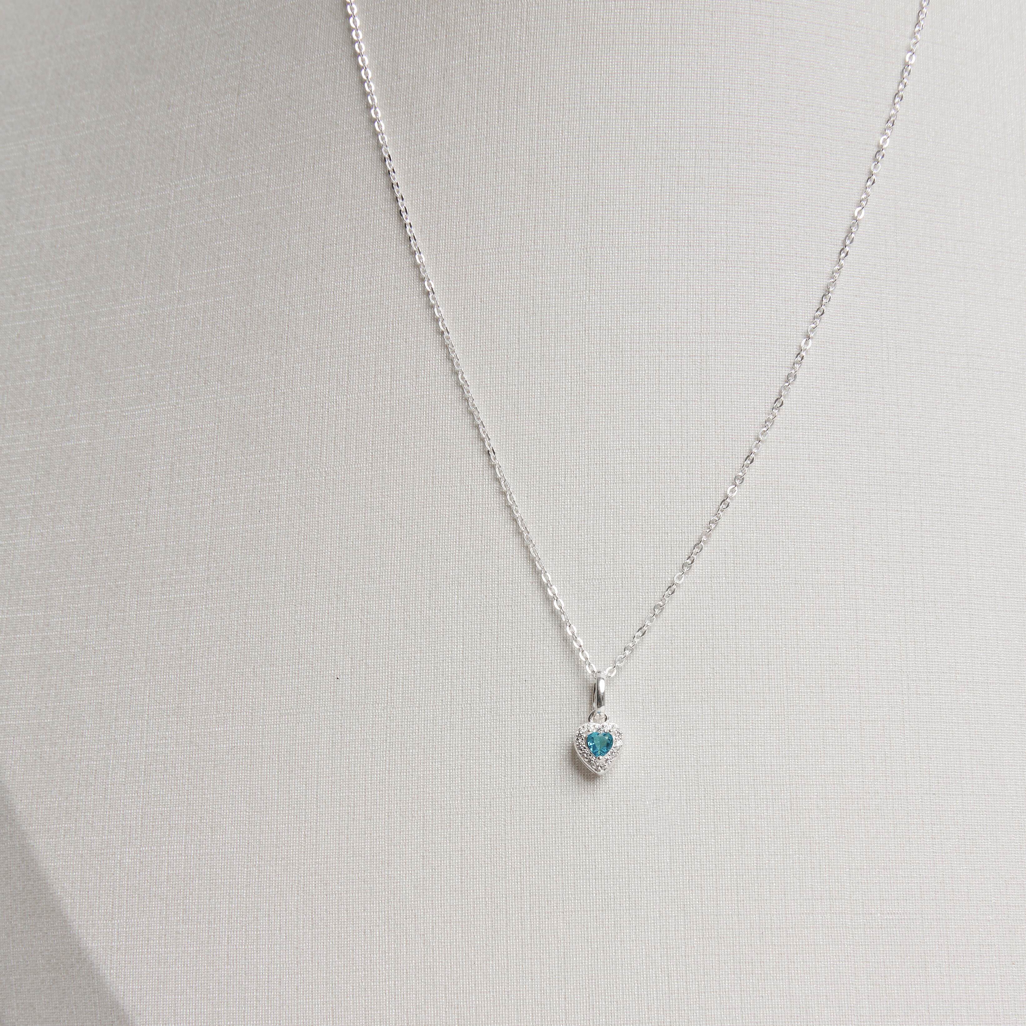 Conjunto brinco e colar zircônia coração azul com cravejado 6mm corrente cadeadinho 40cm