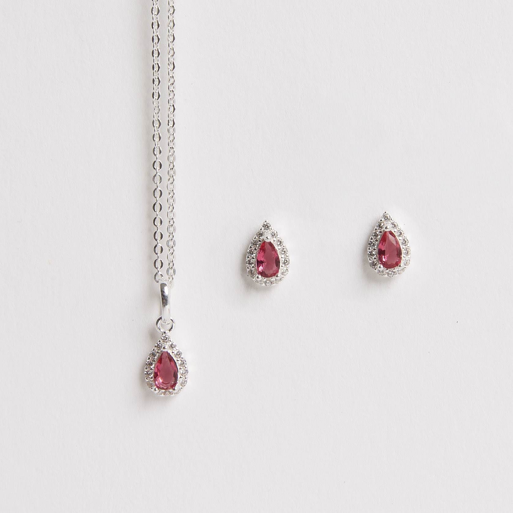 Conjunto brinco e colar zircônia gota rubi com cravejado 6mm corrente cadeadinho 40cm